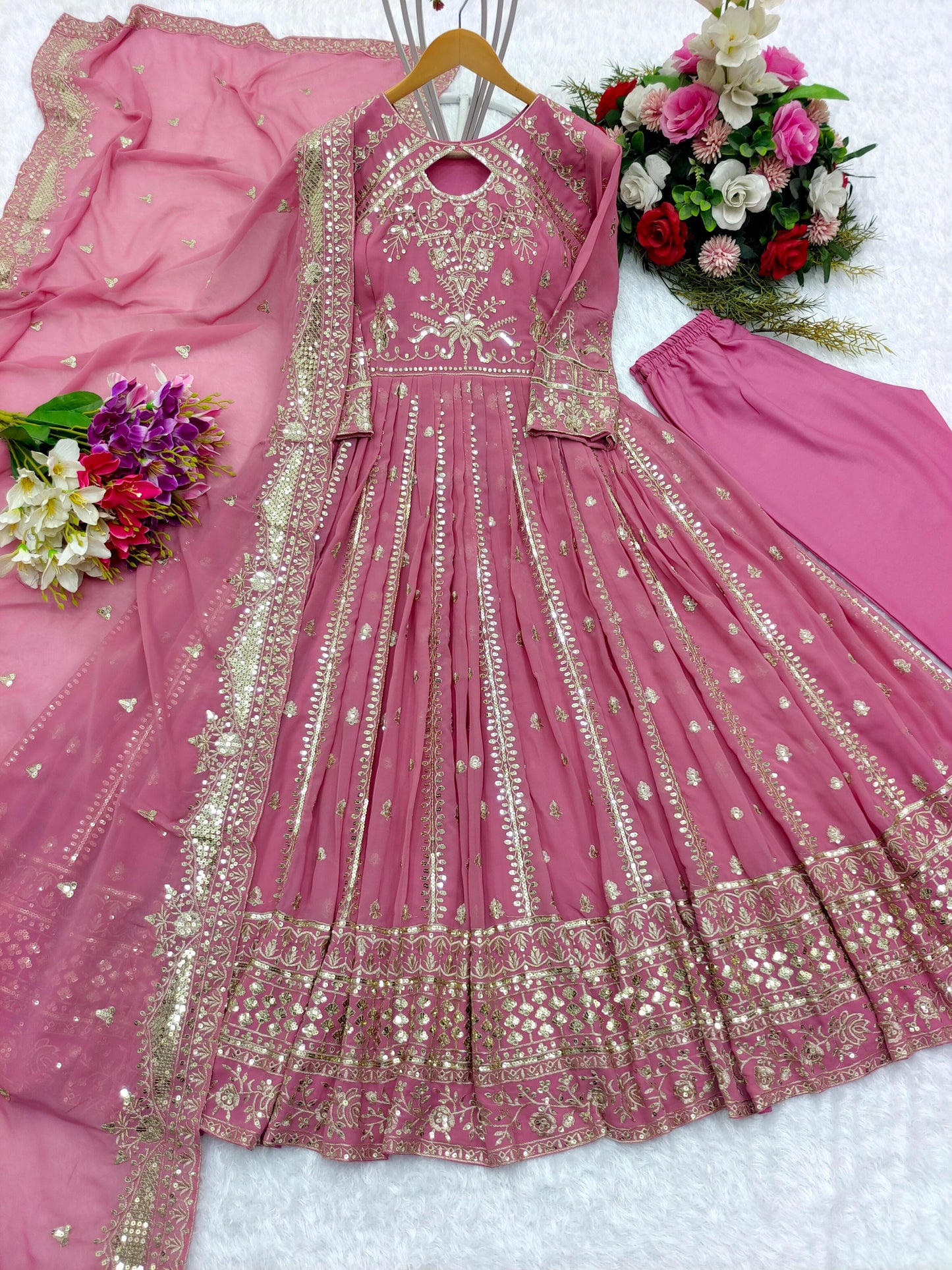 Designer Pink Color Heavy Work Anarkali Gown