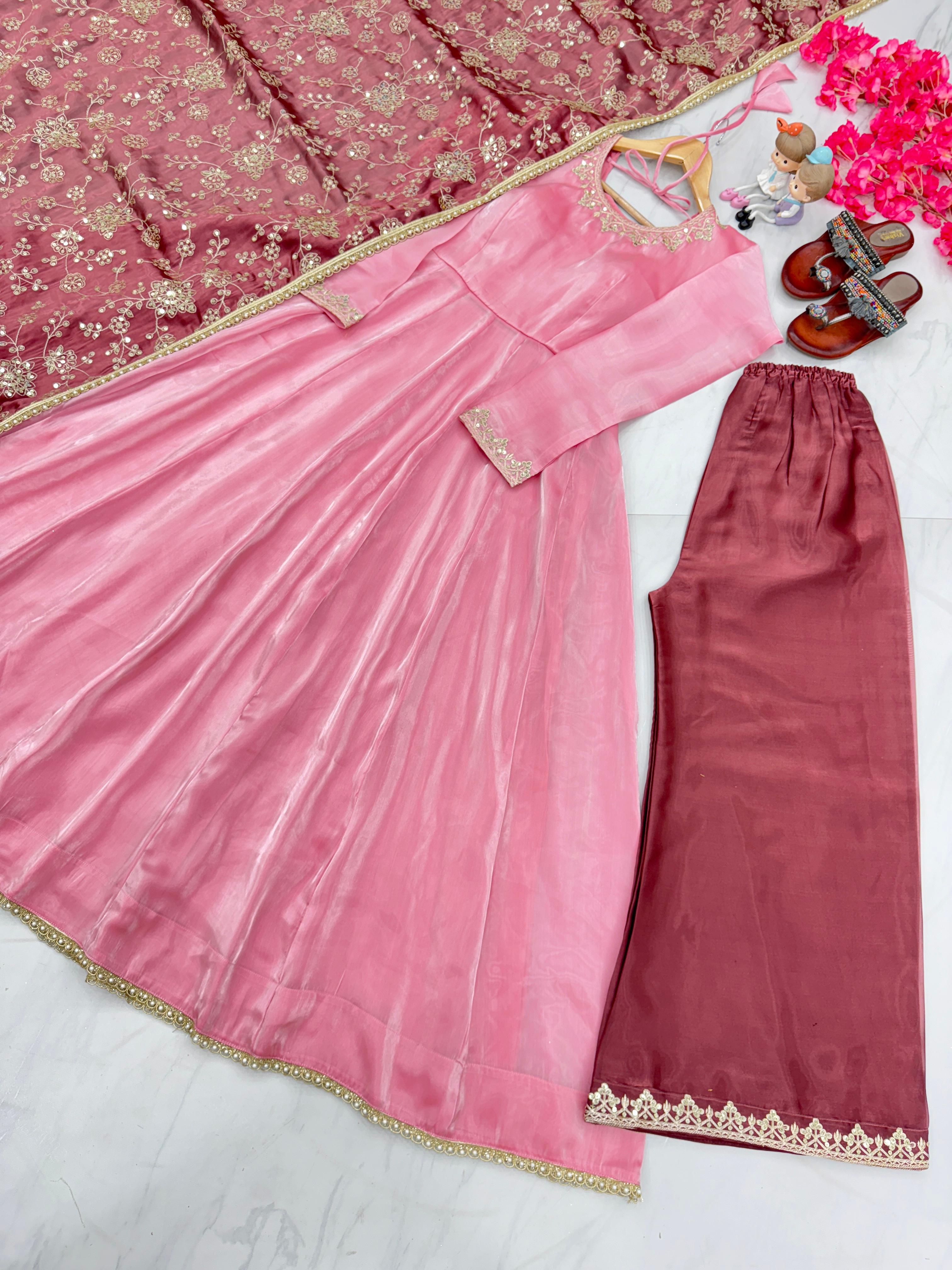 Festive Wear Light Pink Sequence Work Anarkali Gown