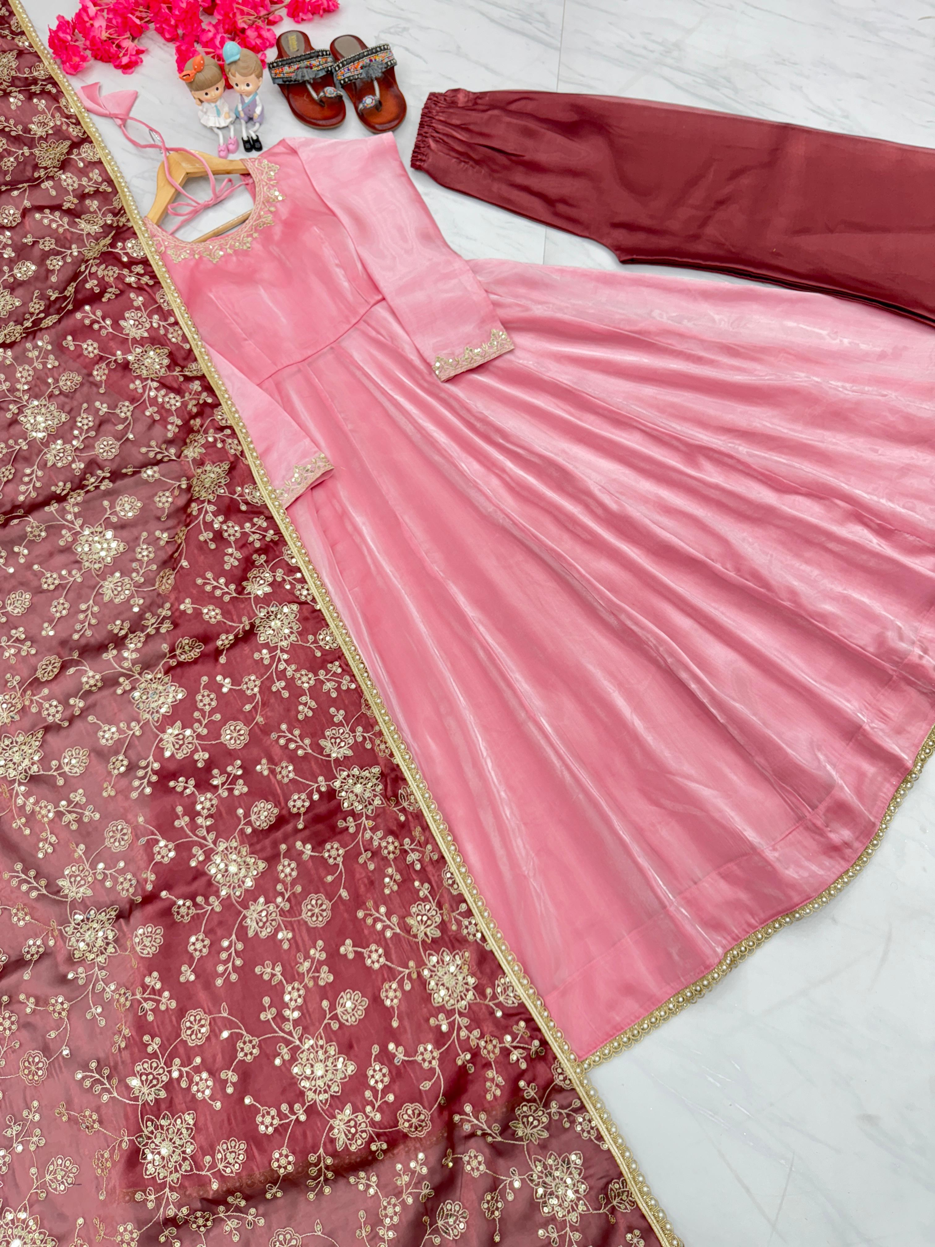 Festive Wear Light Pink Sequence Work Anarkali Gown