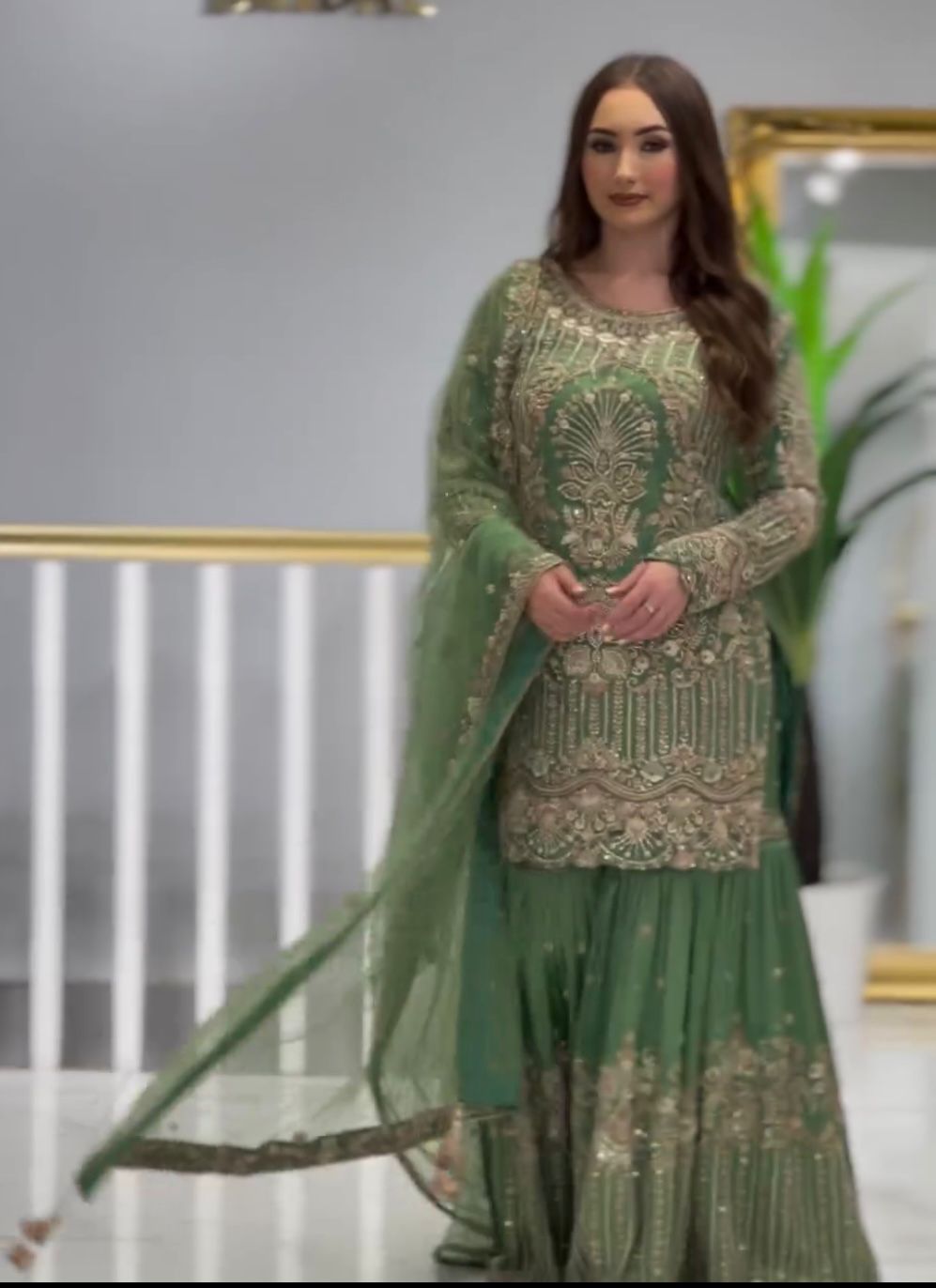 Heavy Sequence Embroidery Work Green Sharara Suit