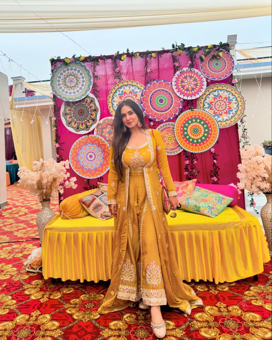 Indowestern Style Yellow Color Work Palazzo Set with Shrug