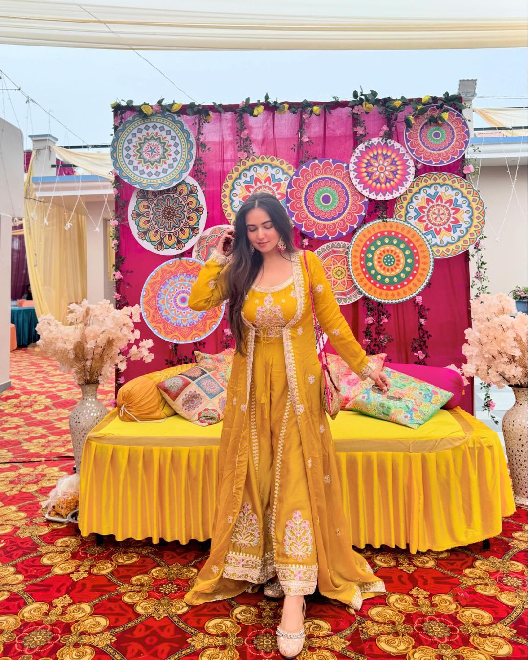 Indowestern Style Yellow Color Work Palazzo Set with Shrug