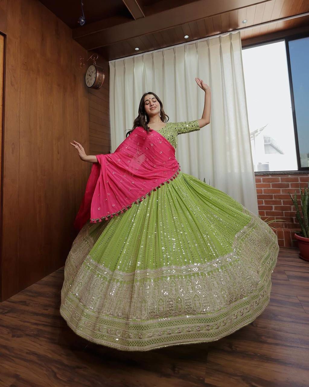 Parrot Green Color Work Lehenga Choli With Pink Dupatta