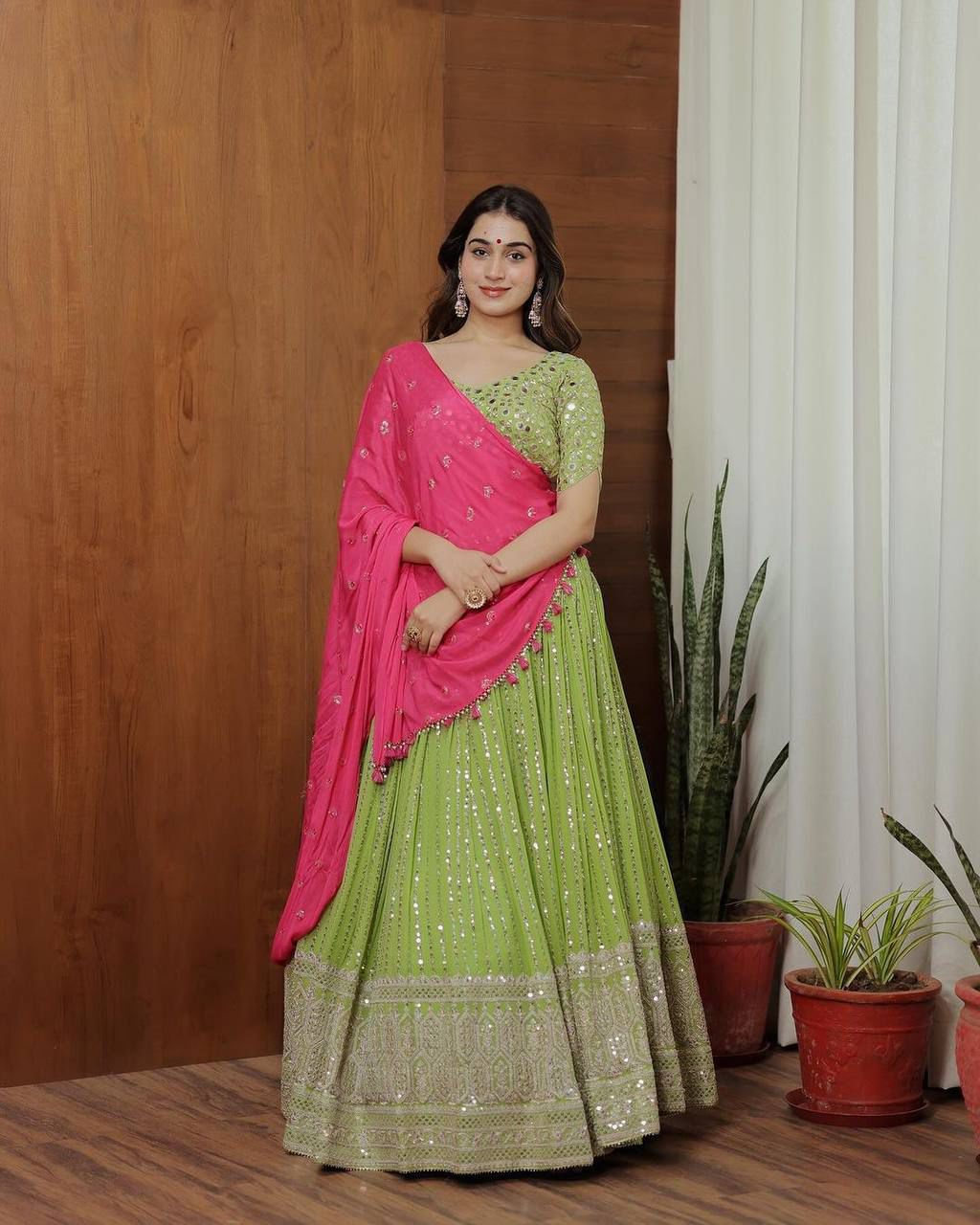 Parrot Green Color Work Lehenga Choli With Pink Dupatta