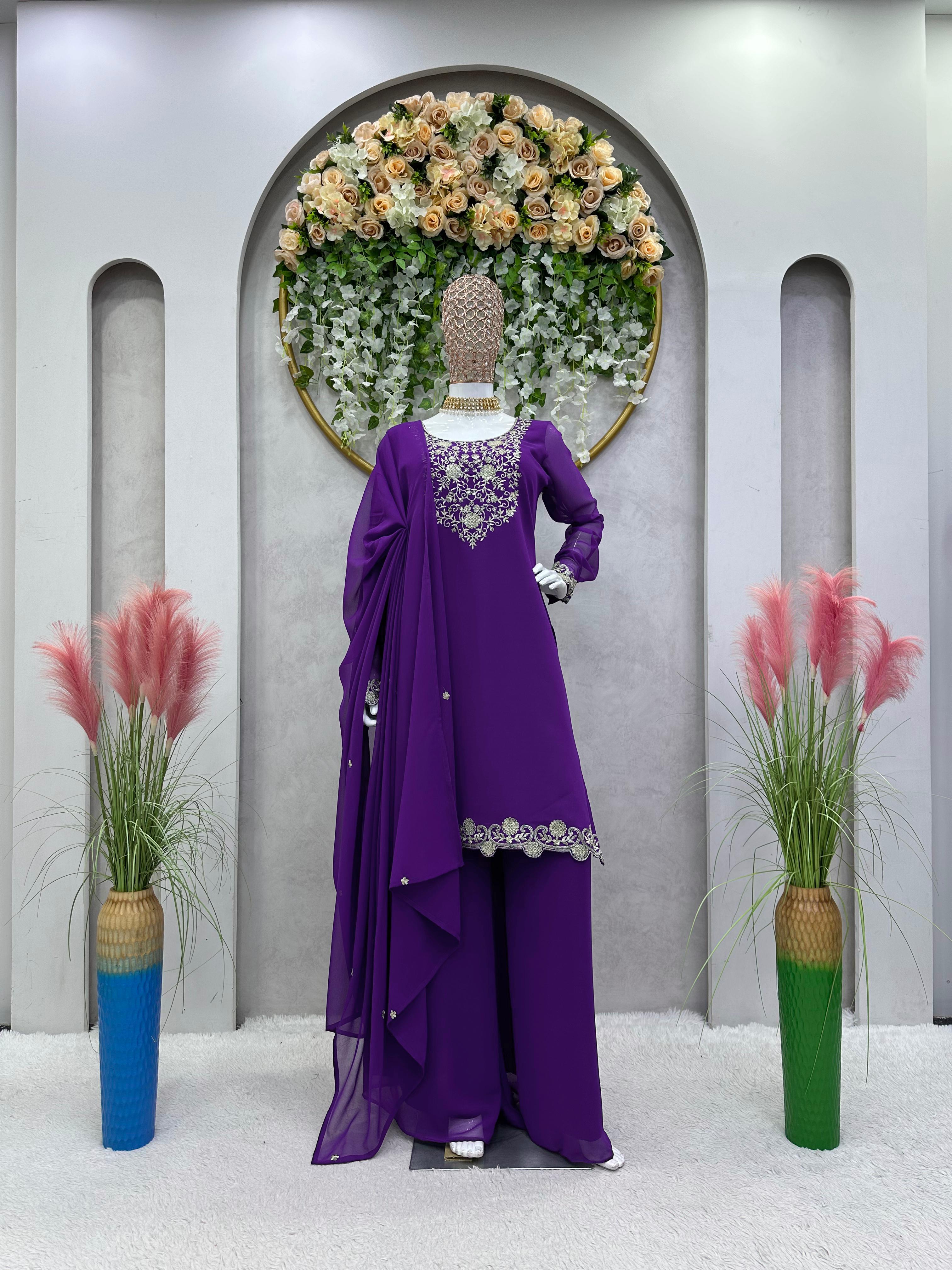 Purple Color Thread Work Festive Wear Sharara Suit