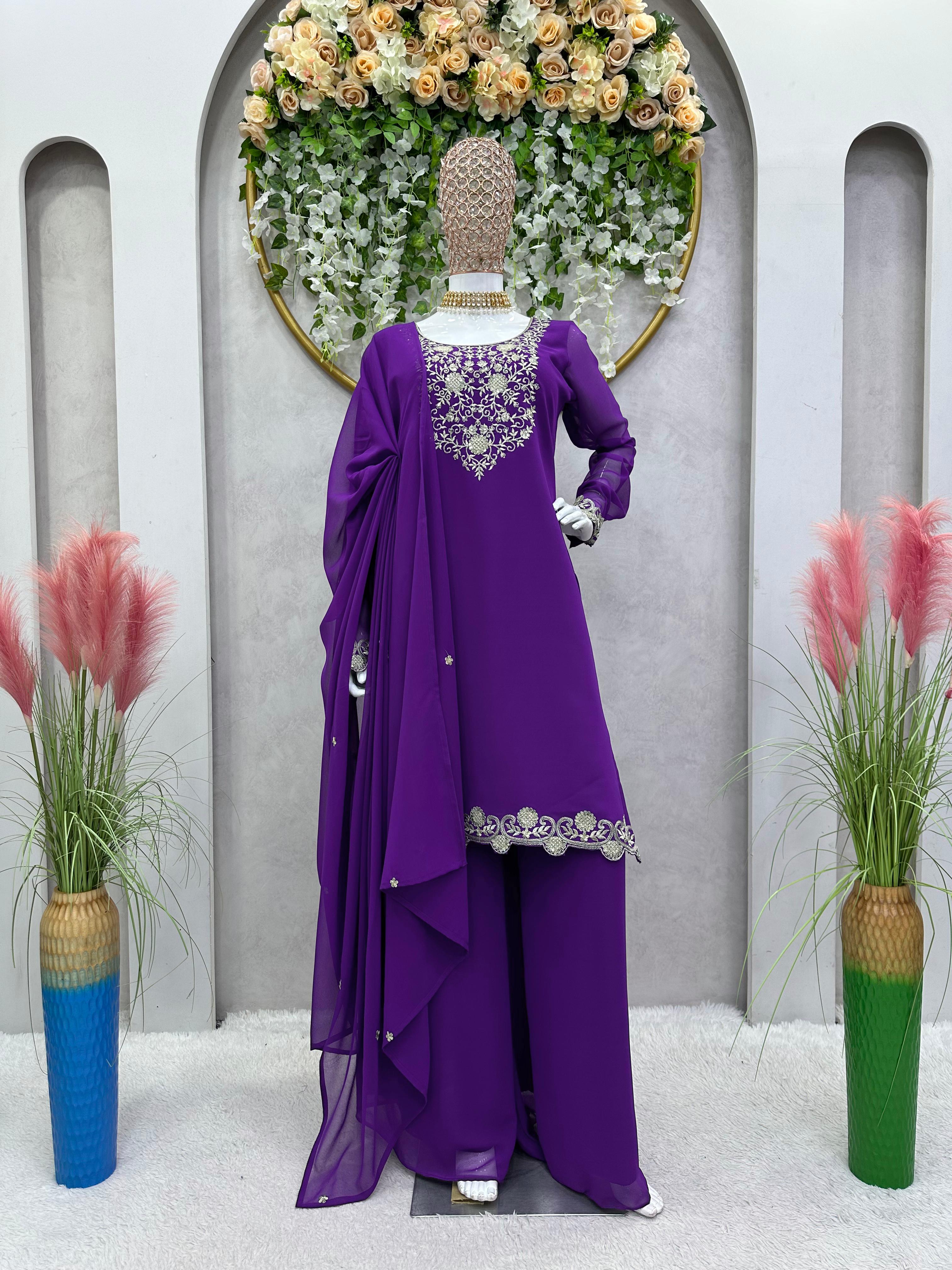 Purple Color Thread Work Festive Wear Sharara Suit