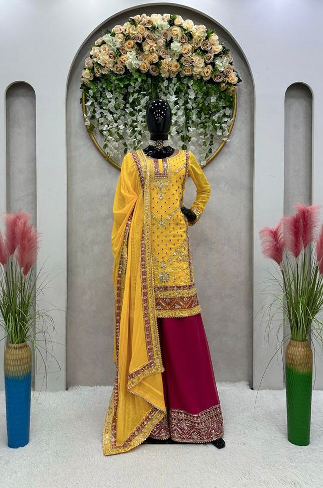 Function Wear Thread Sequence Work Yellow Sharara Suit