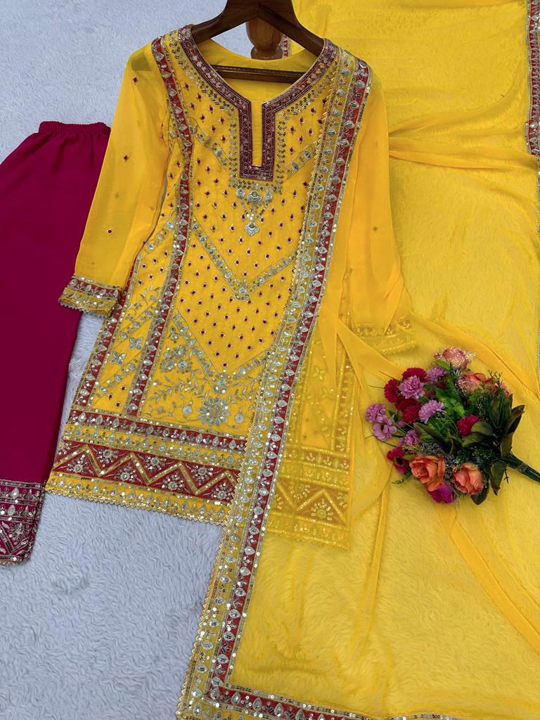 Function Wear Thread Sequence Work Yellow Sharara Suit