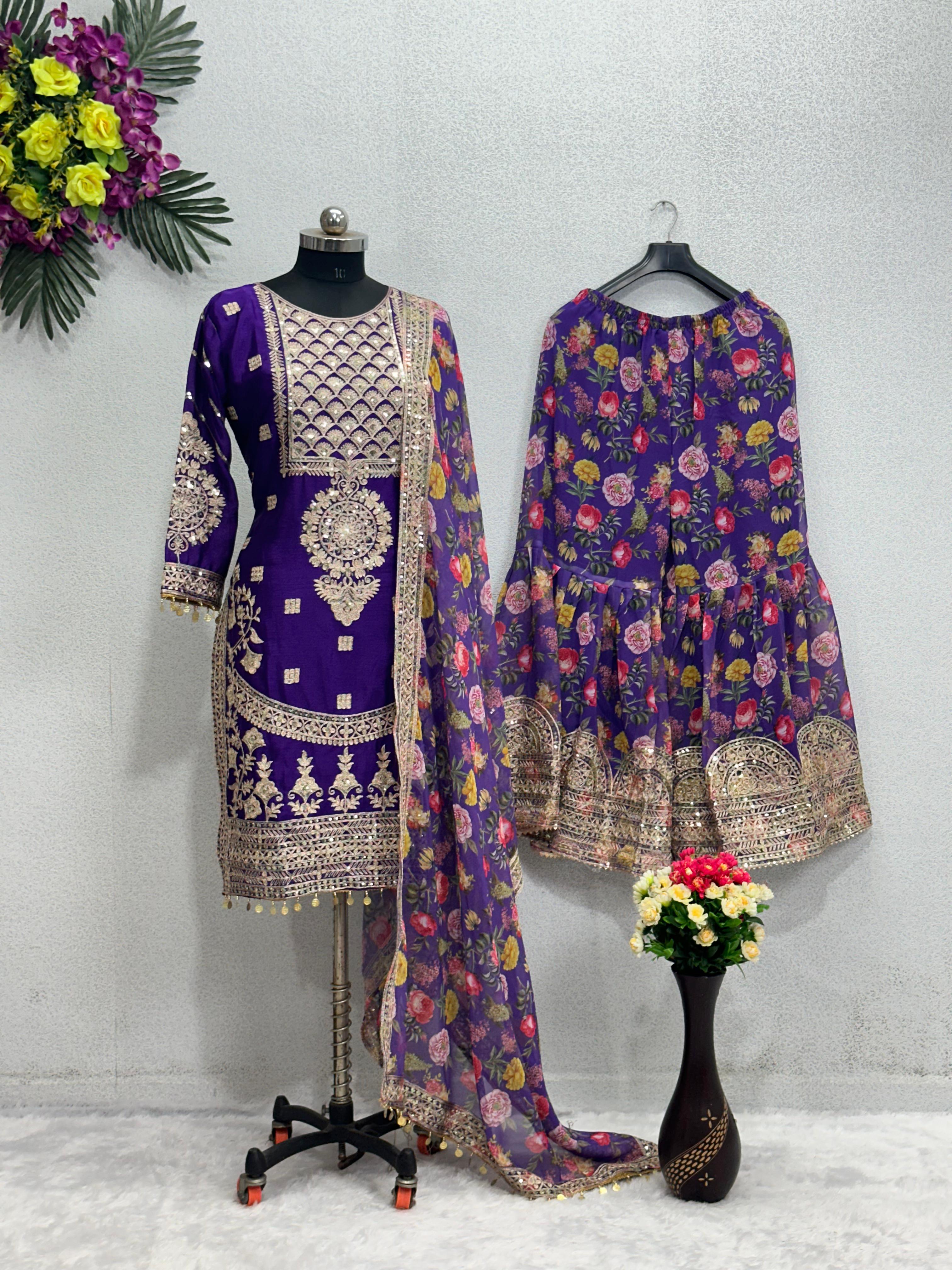 Pakistani Style Purple Color Full Stitched Sharara Suit