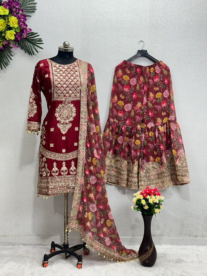 Pakistani Style Maroon Color Full Stitched Sharara Suit