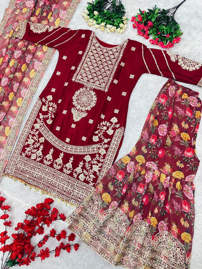 Pakistani Style Maroon Color Full Stitched Sharara Suit