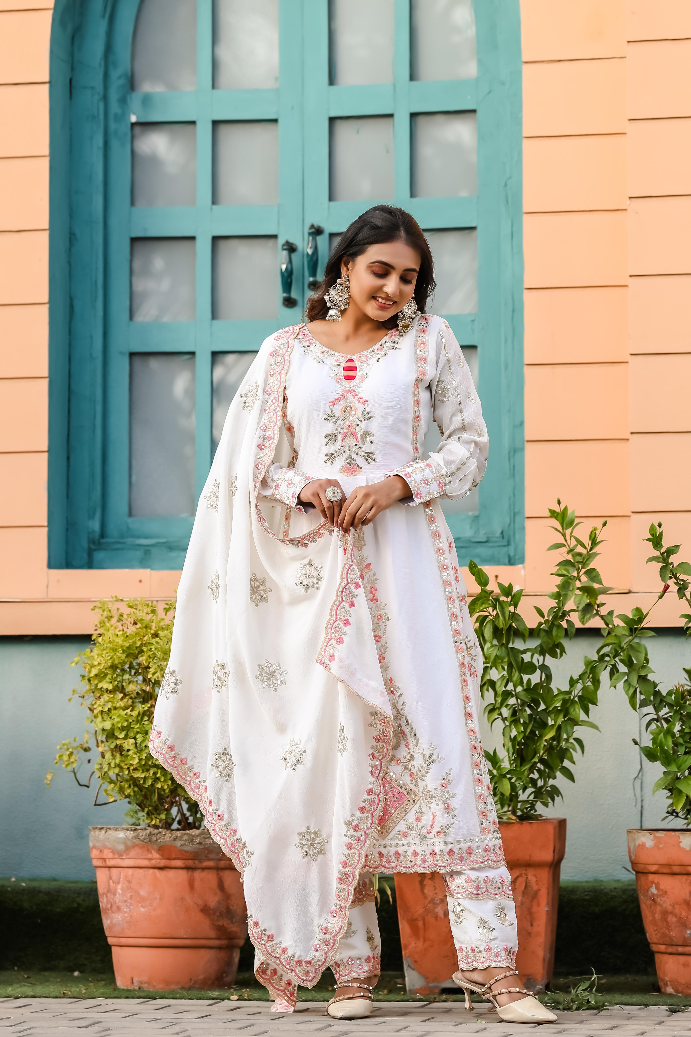 Multi Thread Work White Color Wedding Wear Kurti Set