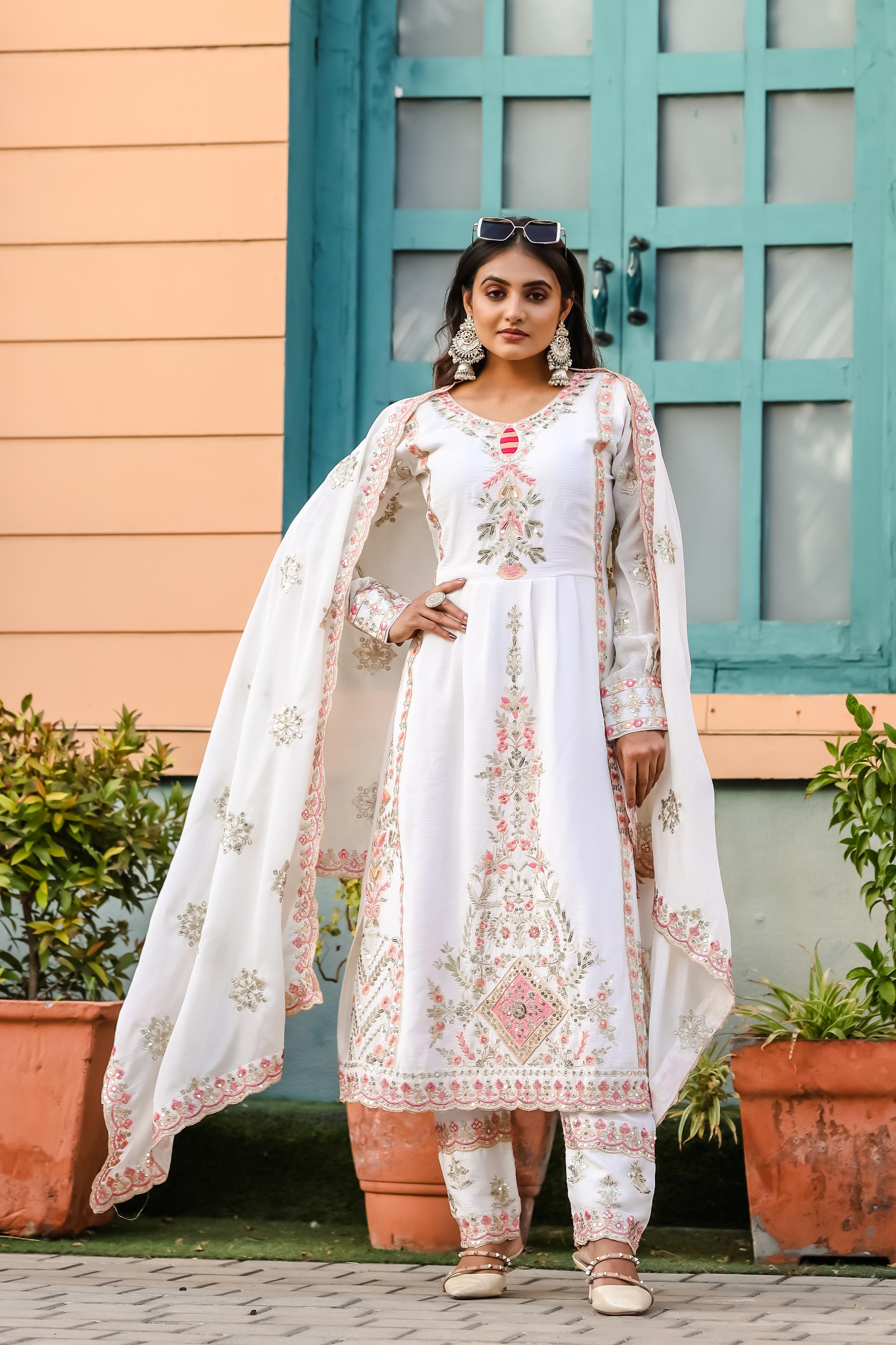 Multi Thread Work White Color Wedding Wear Kurti Set