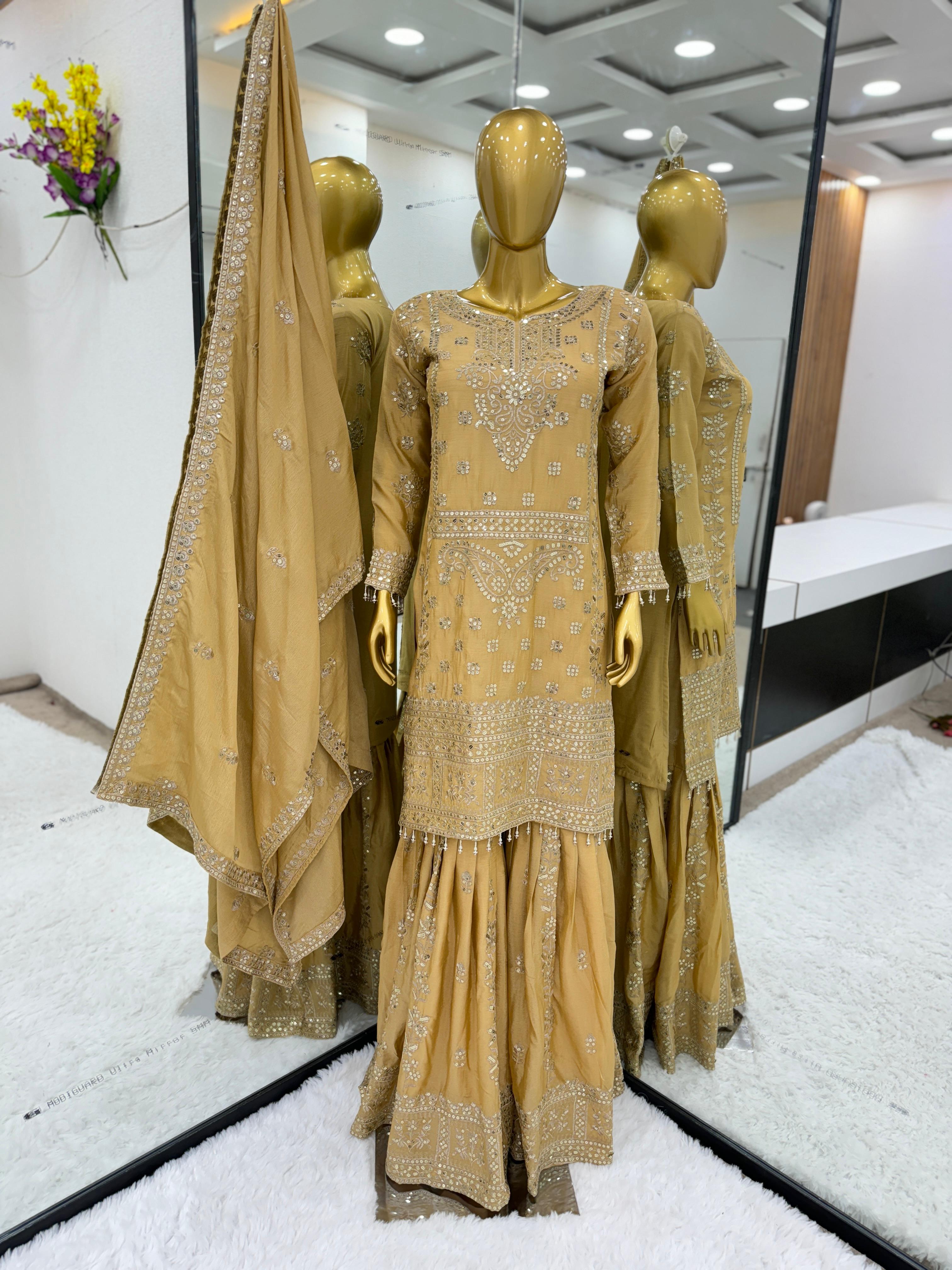 Awesome Embroidery Work Beige Color Sharara Suit