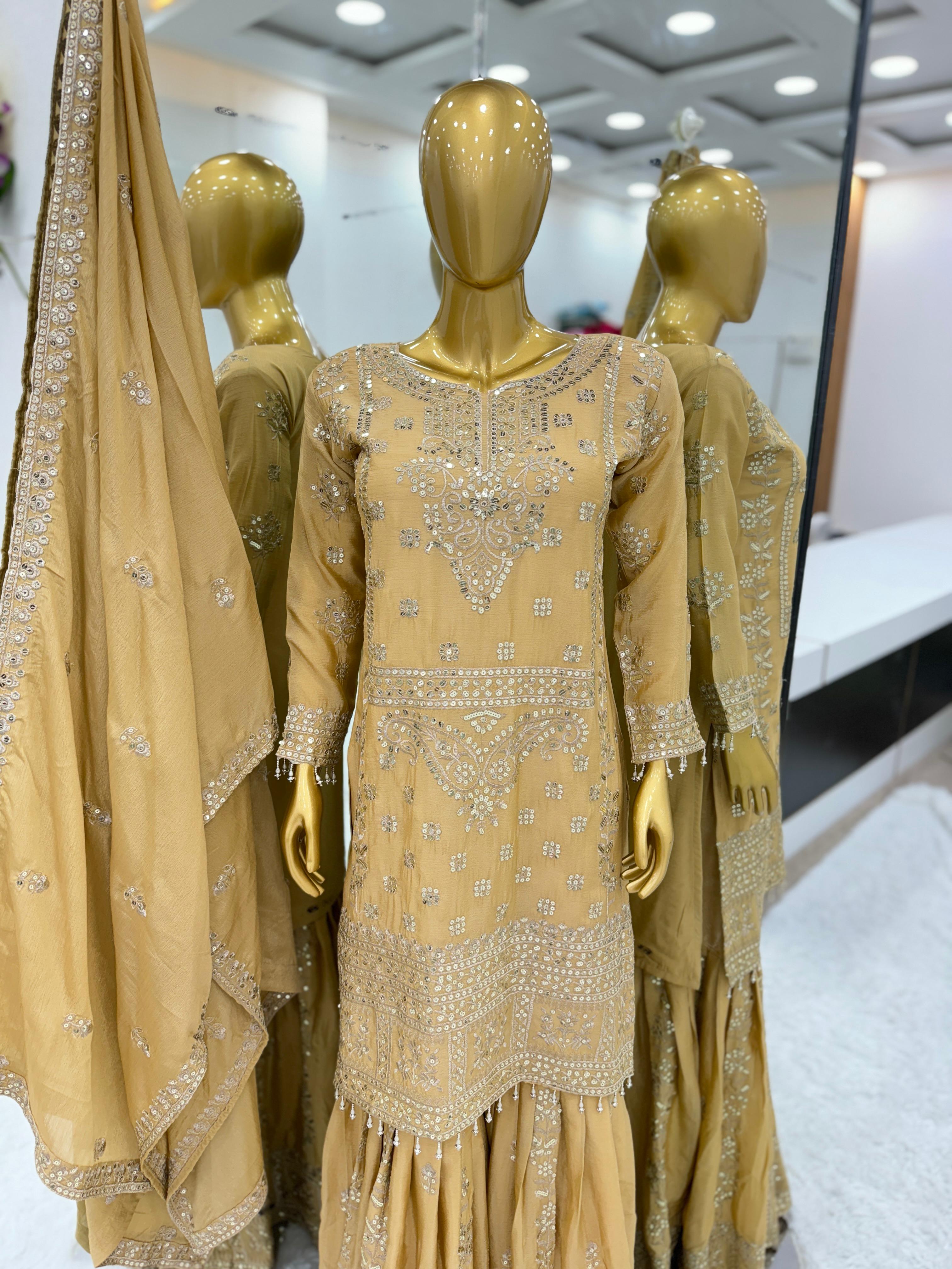 Awesome Embroidery Work Beige Color Sharara Suit