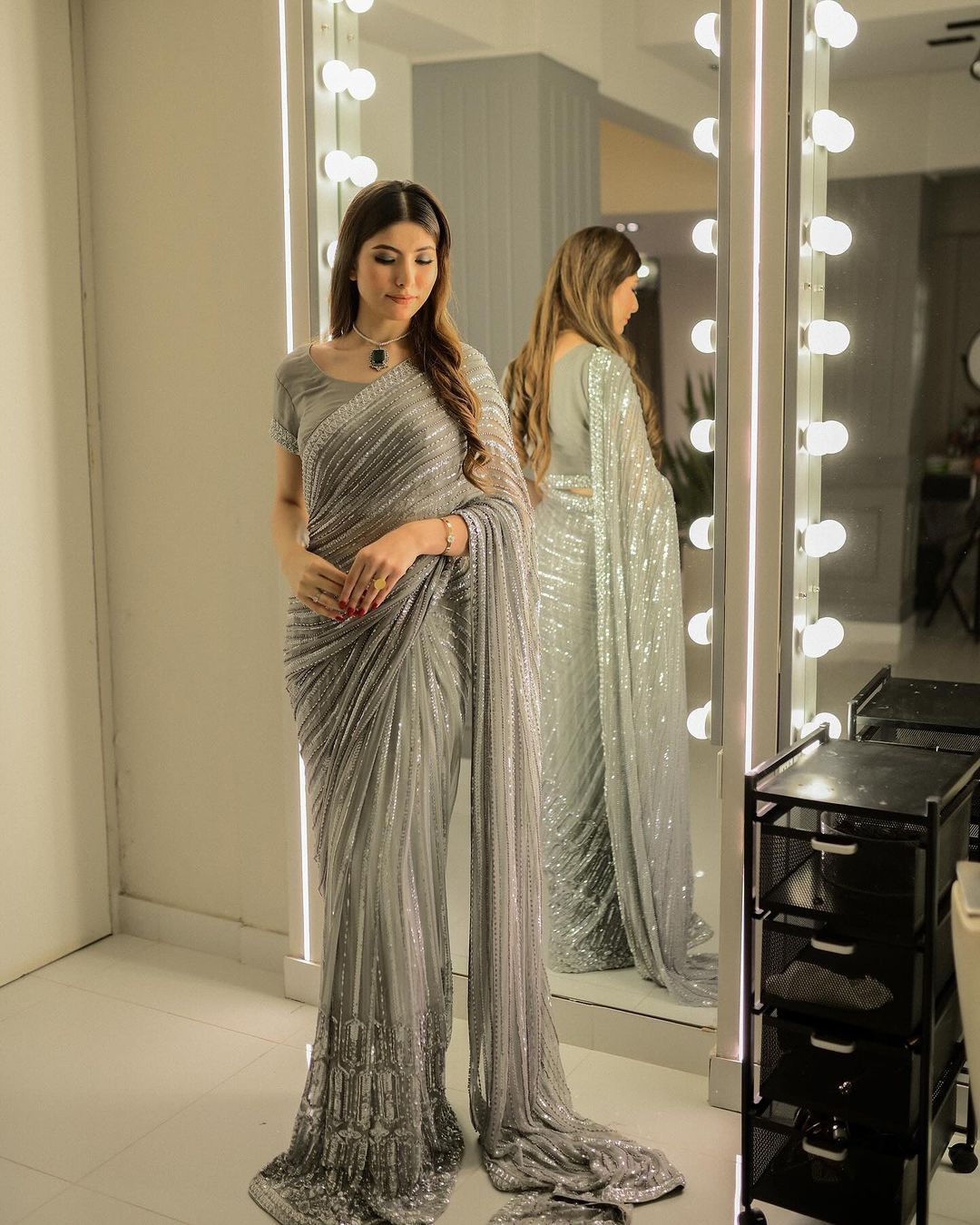 Full Sequence Work Party Wear Gray  Saree