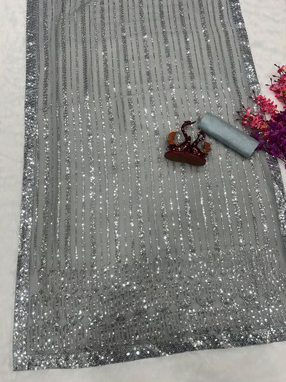 Full Sequence Work Party Wear Gray  Saree