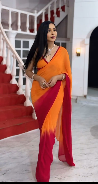 Orange And Red Color Ready To Wear Saree