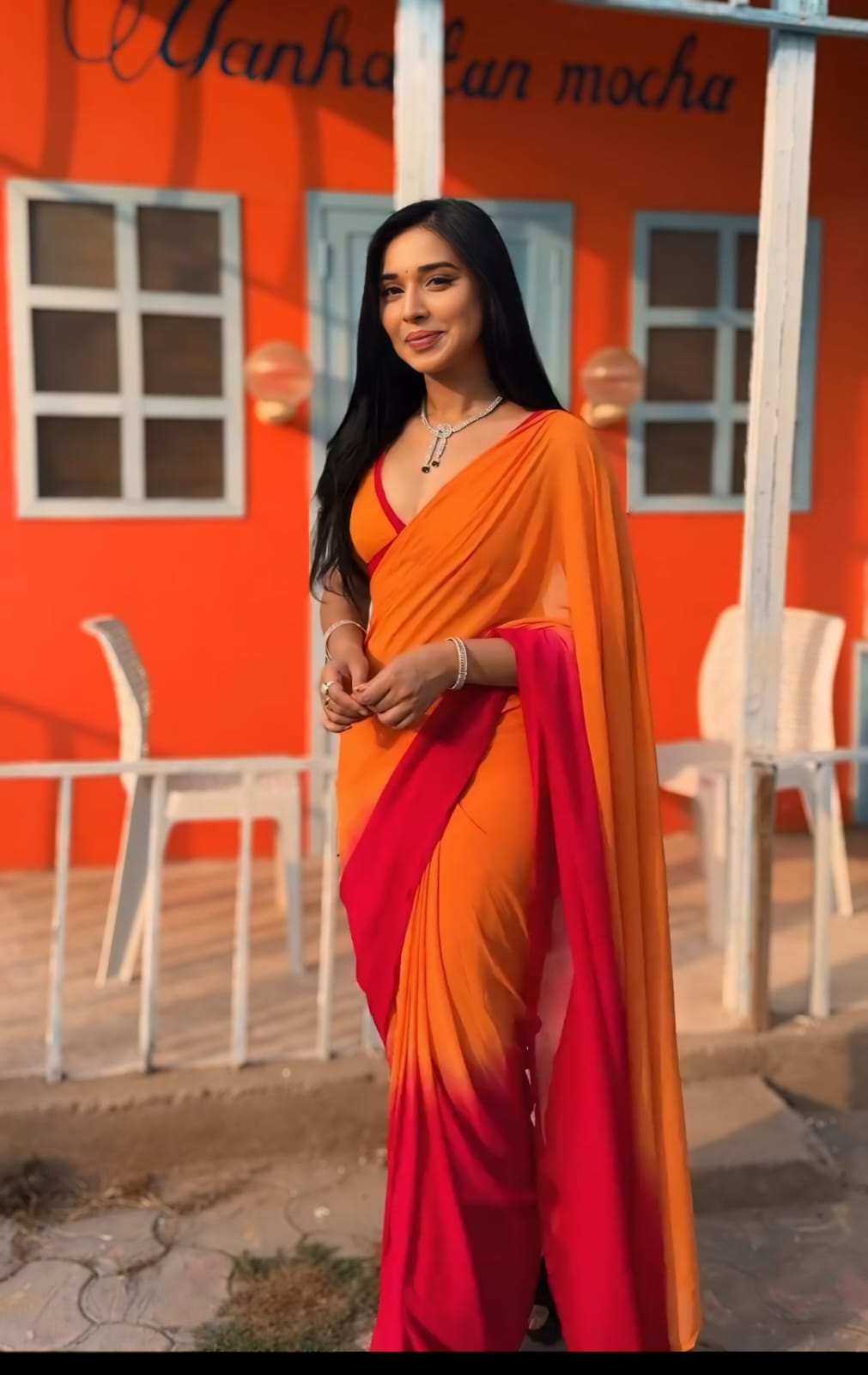 Orange And Red Color Ready To Wear Saree