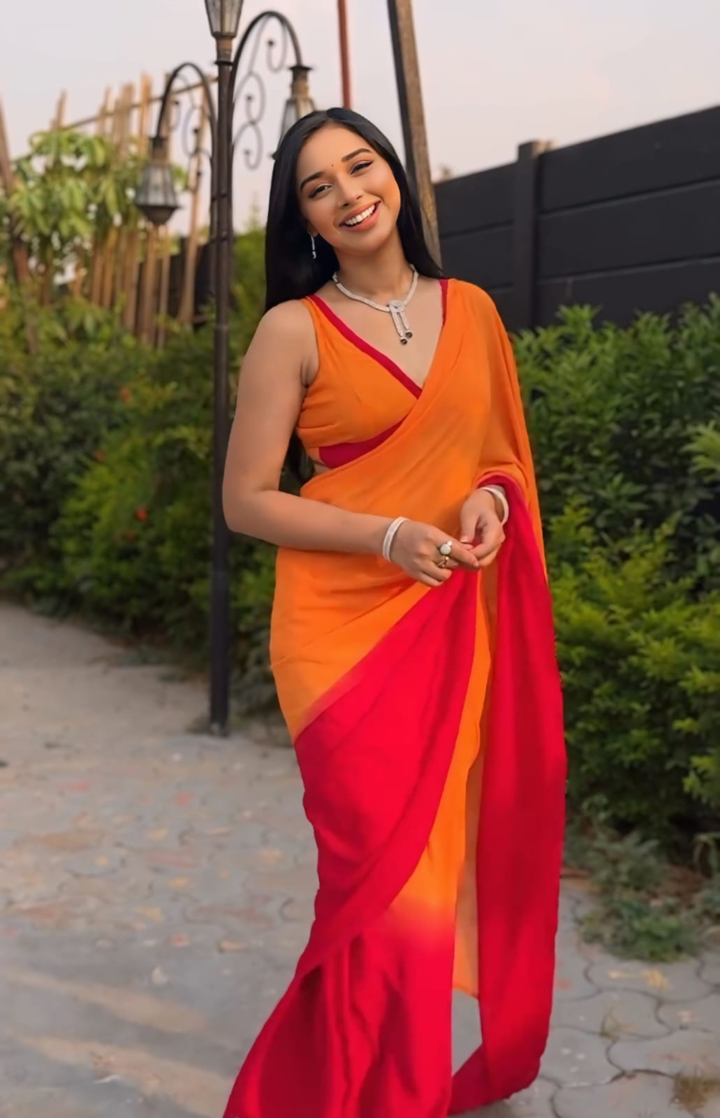 Orange And Red Color Ready To Wear Saree