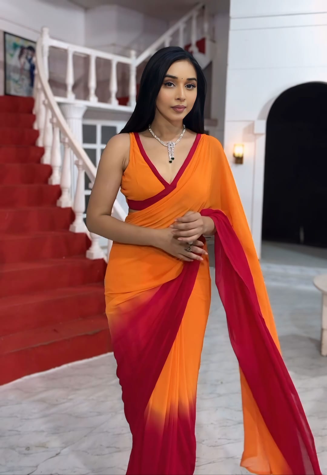 Orange And Red Color Ready To Wear Saree