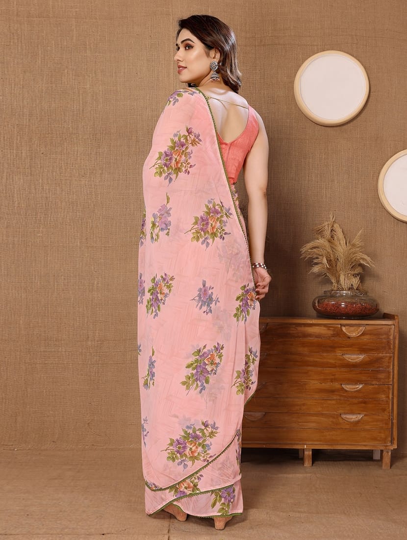 Ready To Wear Flower Design Peach Color Saree