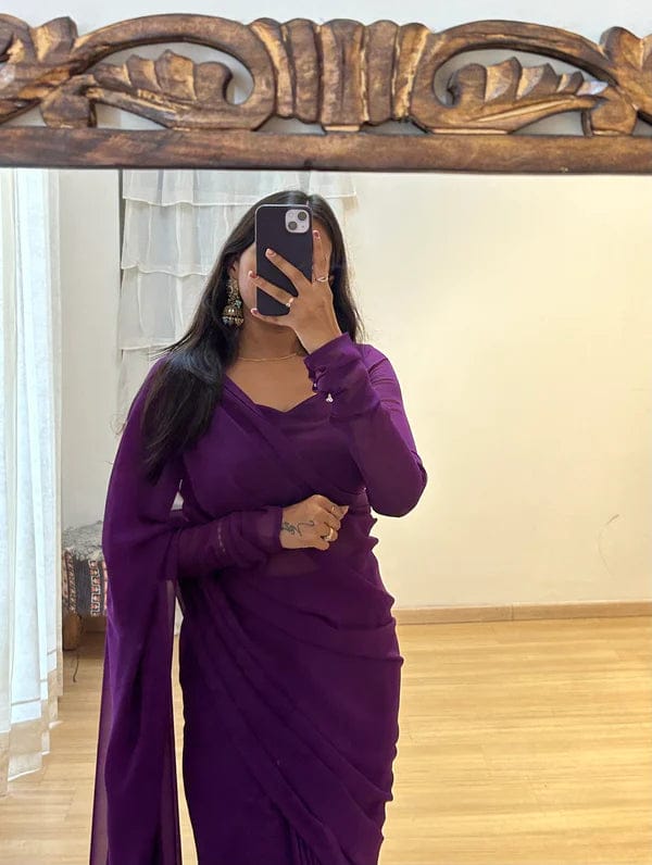 Decent Plain Purple Color Ready To Wear Saree