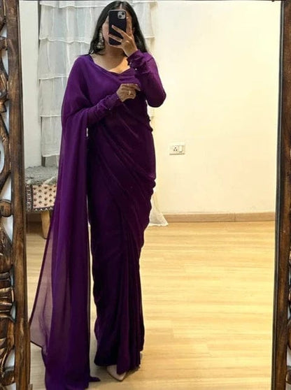 Decent Plain Purple Color Ready To Wear Saree