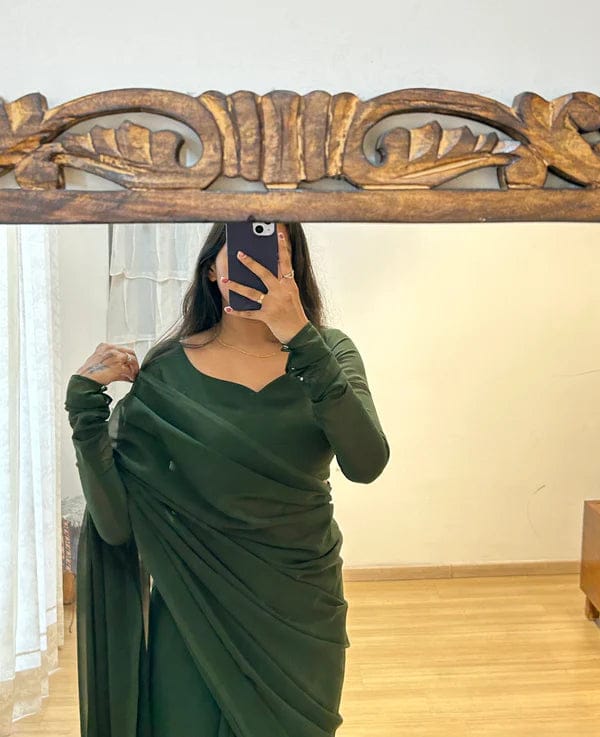 Decent Plain Green Color Ready To Wear Saree