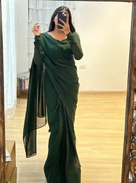 Decent Plain Green Color Ready To Wear Saree