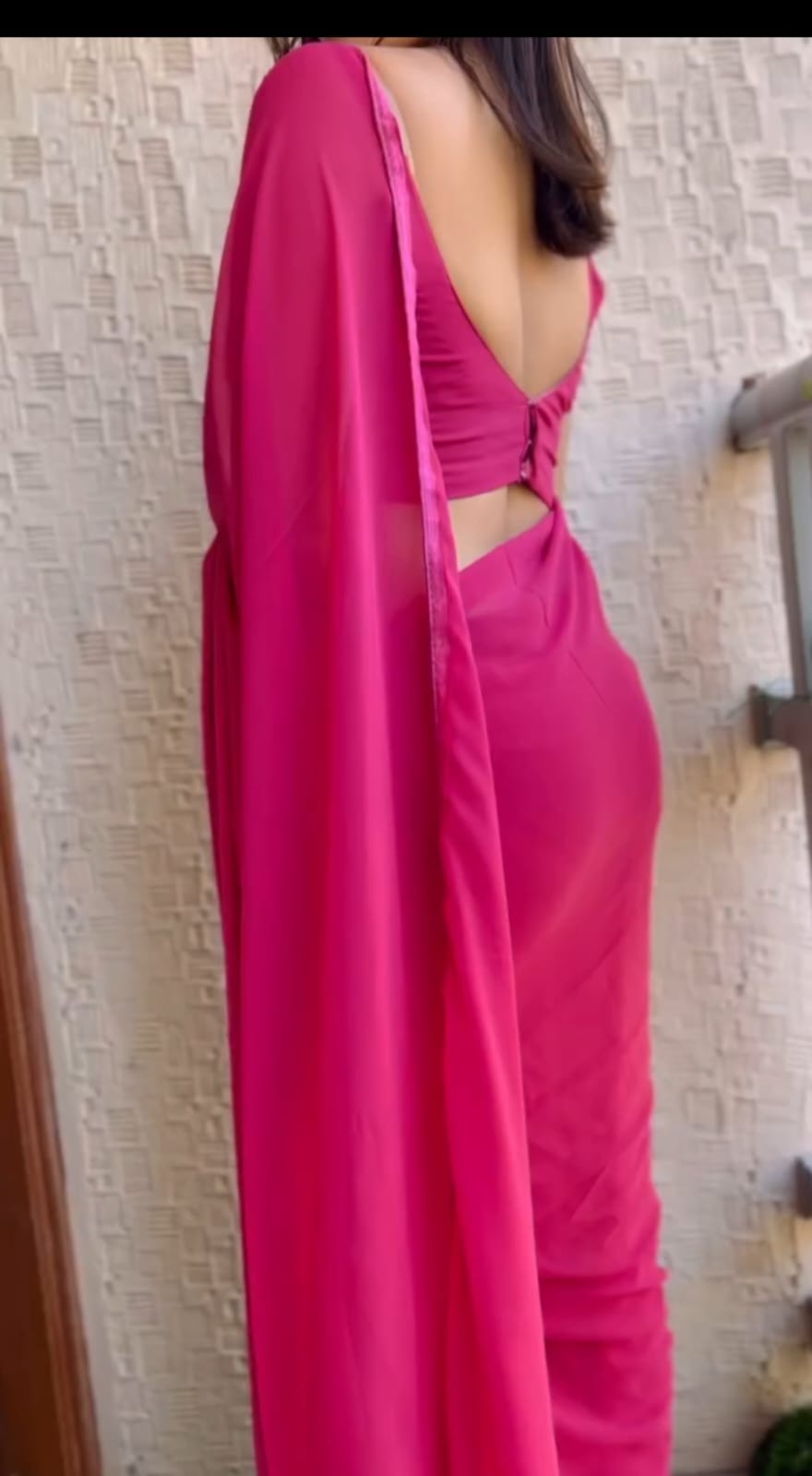 Decent Plain Pink Color Ready To Wear Saree