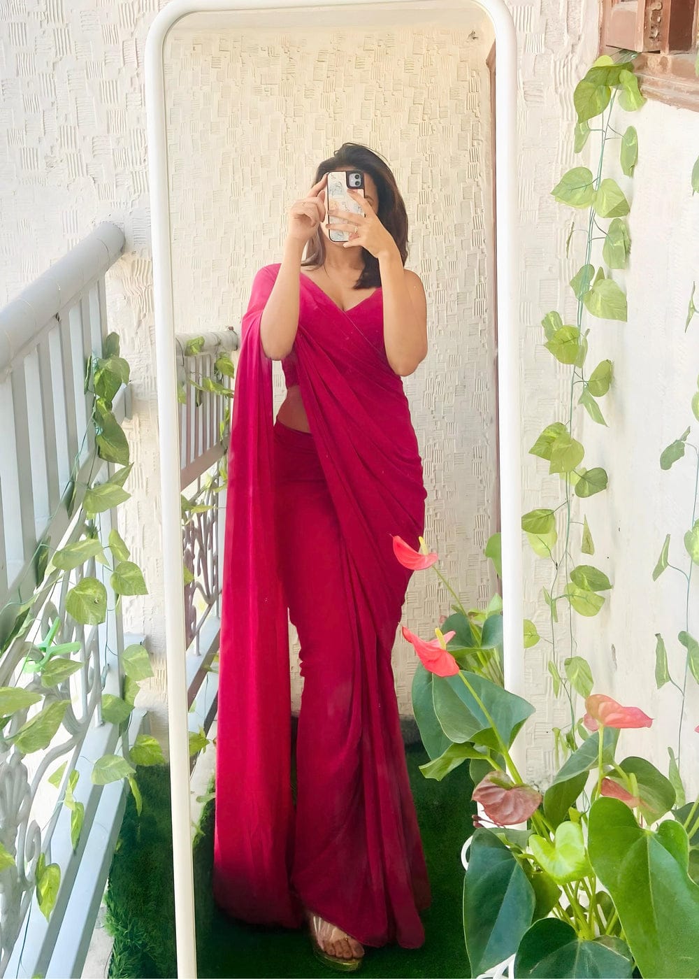 Decent Plain Pink Color Ready To Wear Saree