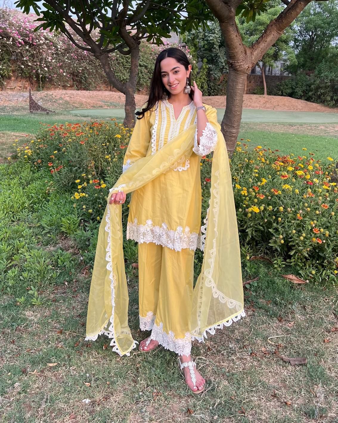 Elegant Chain Stitched Work Yellow Kurti Pant With Dupatta