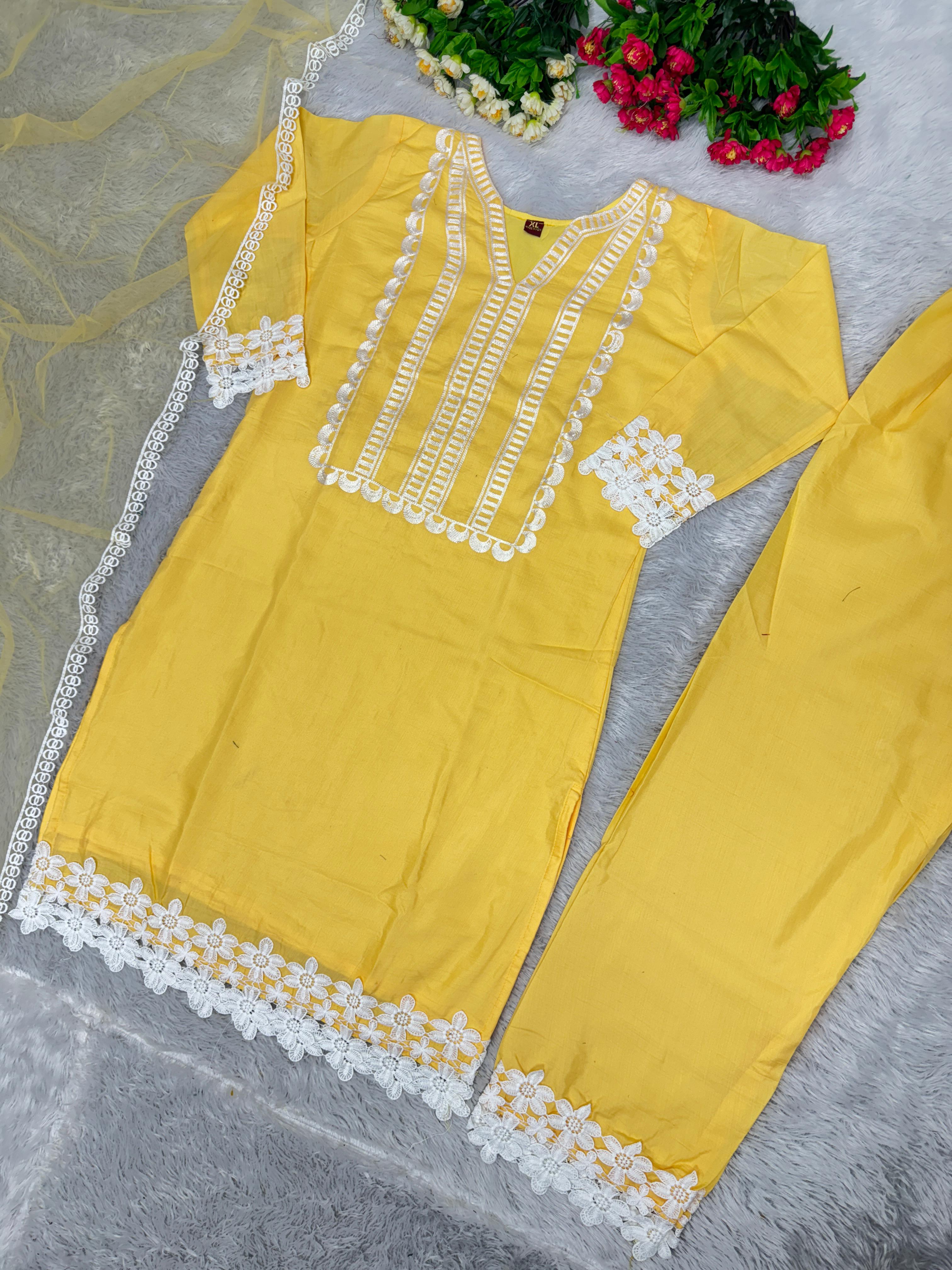 Elegant Chain Stitched Work Yellow Kurti Pant With Dupatta