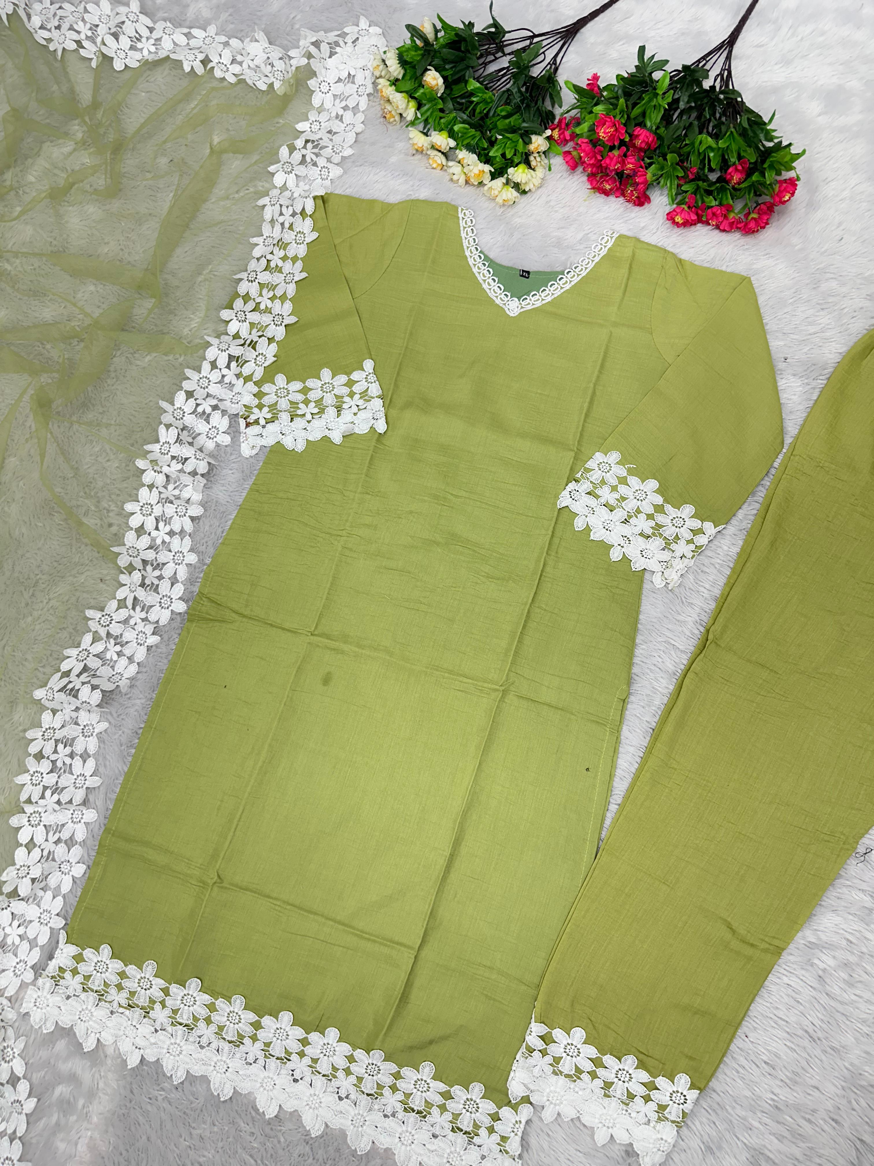 Elegant Chain Stitched Work Green Kurti Pant With Dupatta