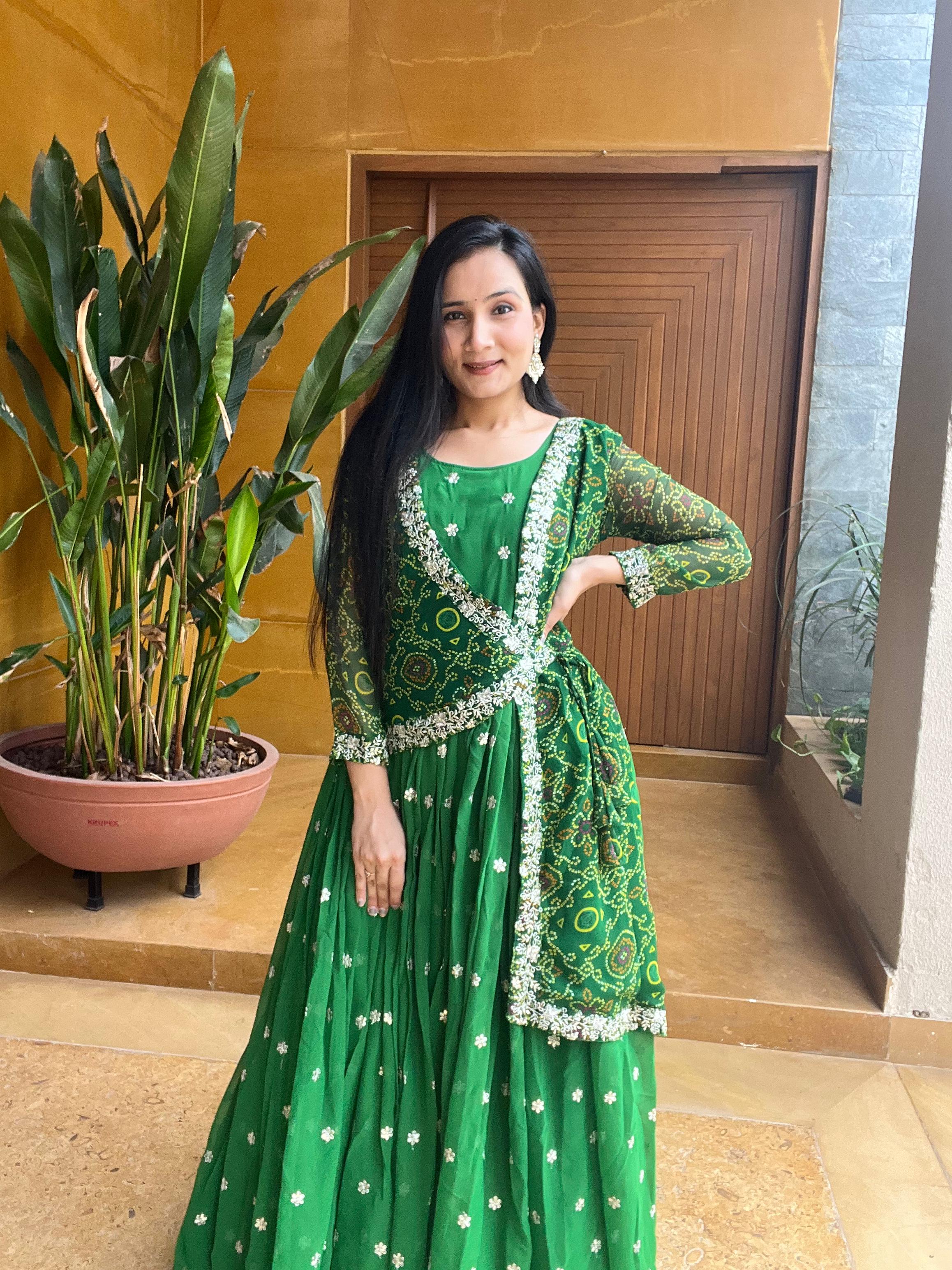 Unique Bandhani Design Koti Pattern Green Color Gown