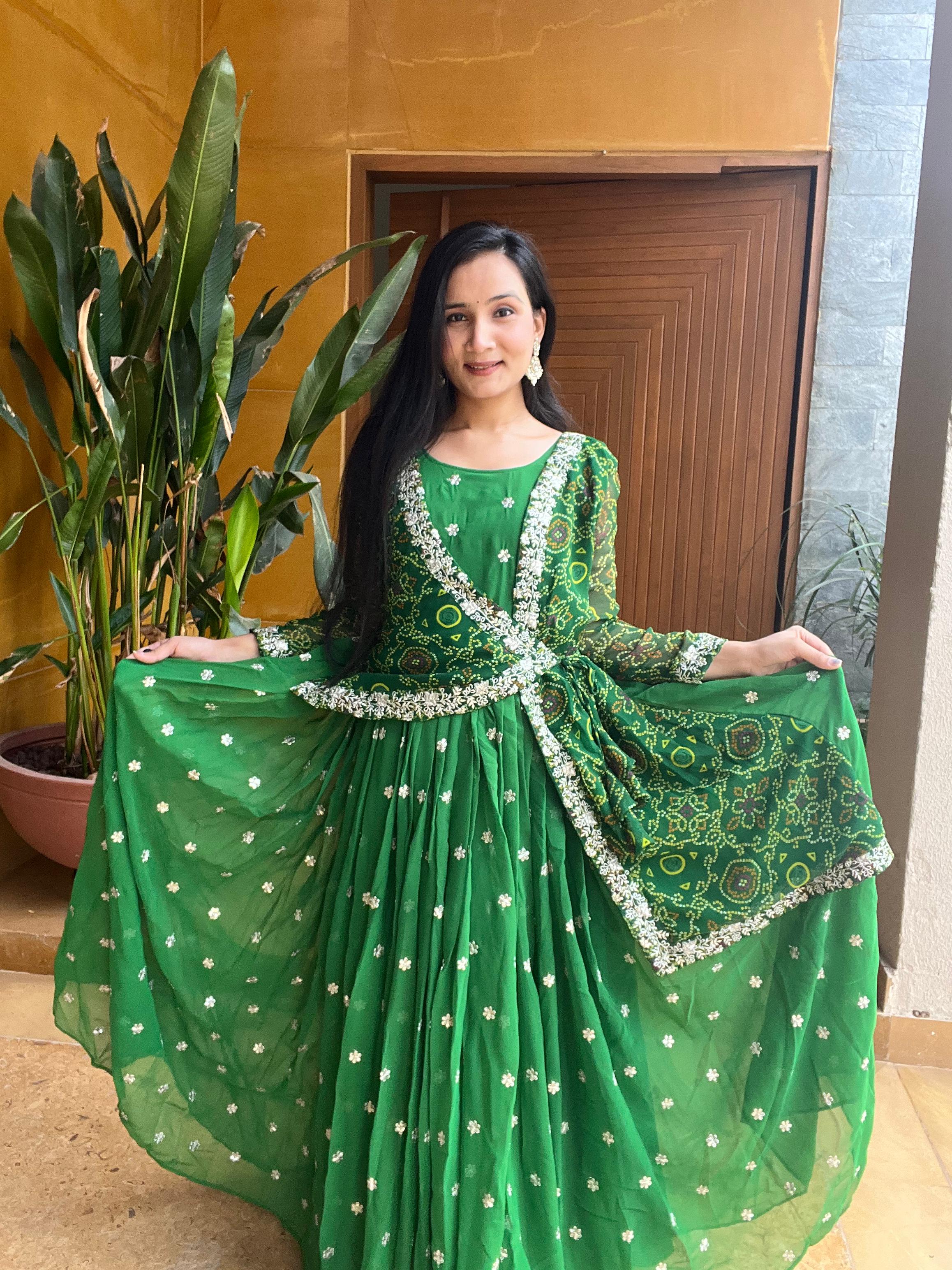 Unique Bandhani Design Koti Pattern Green Color Gown