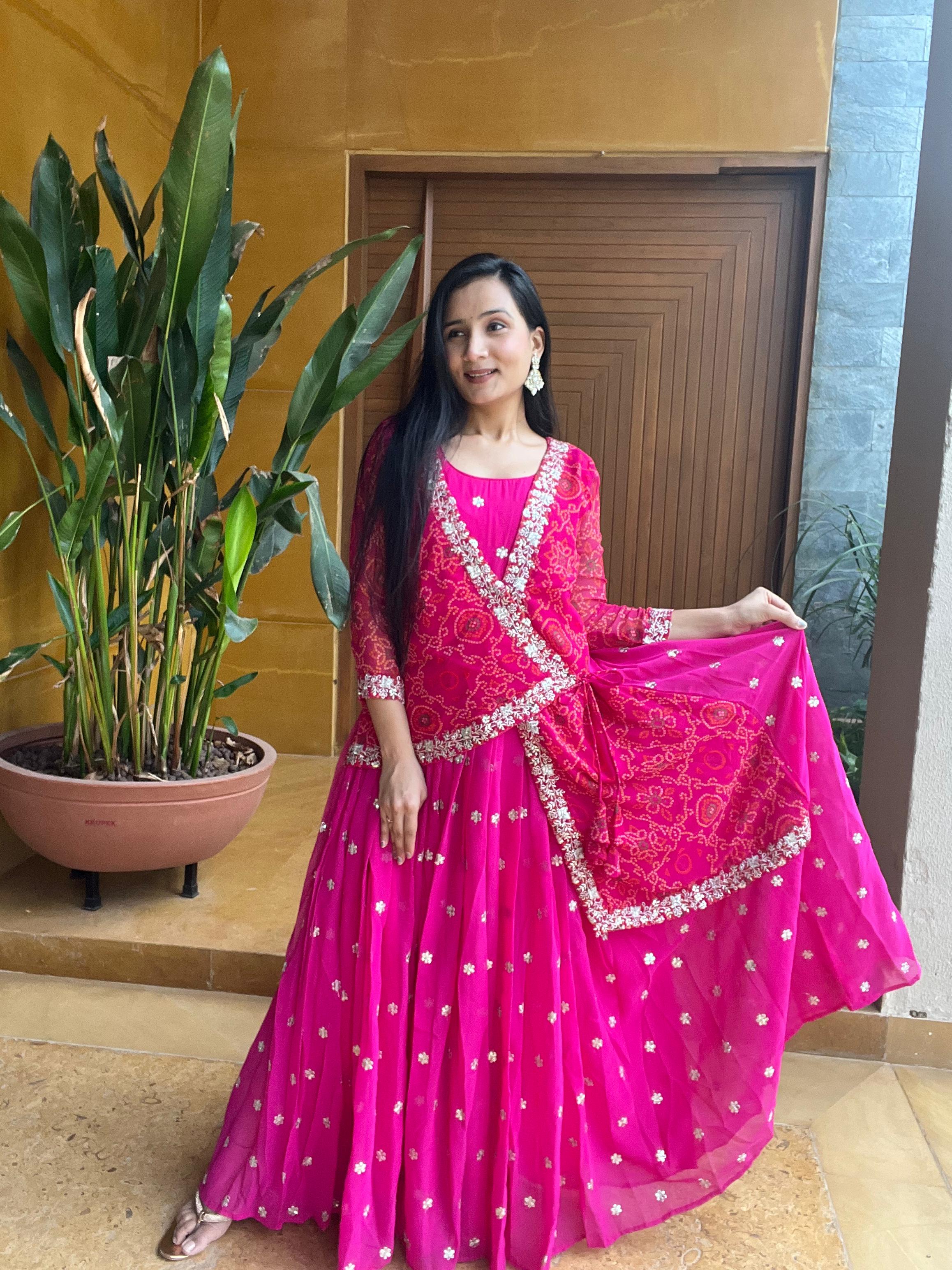 Unique Bandhani Design Koti Pattern Pink Color Gown