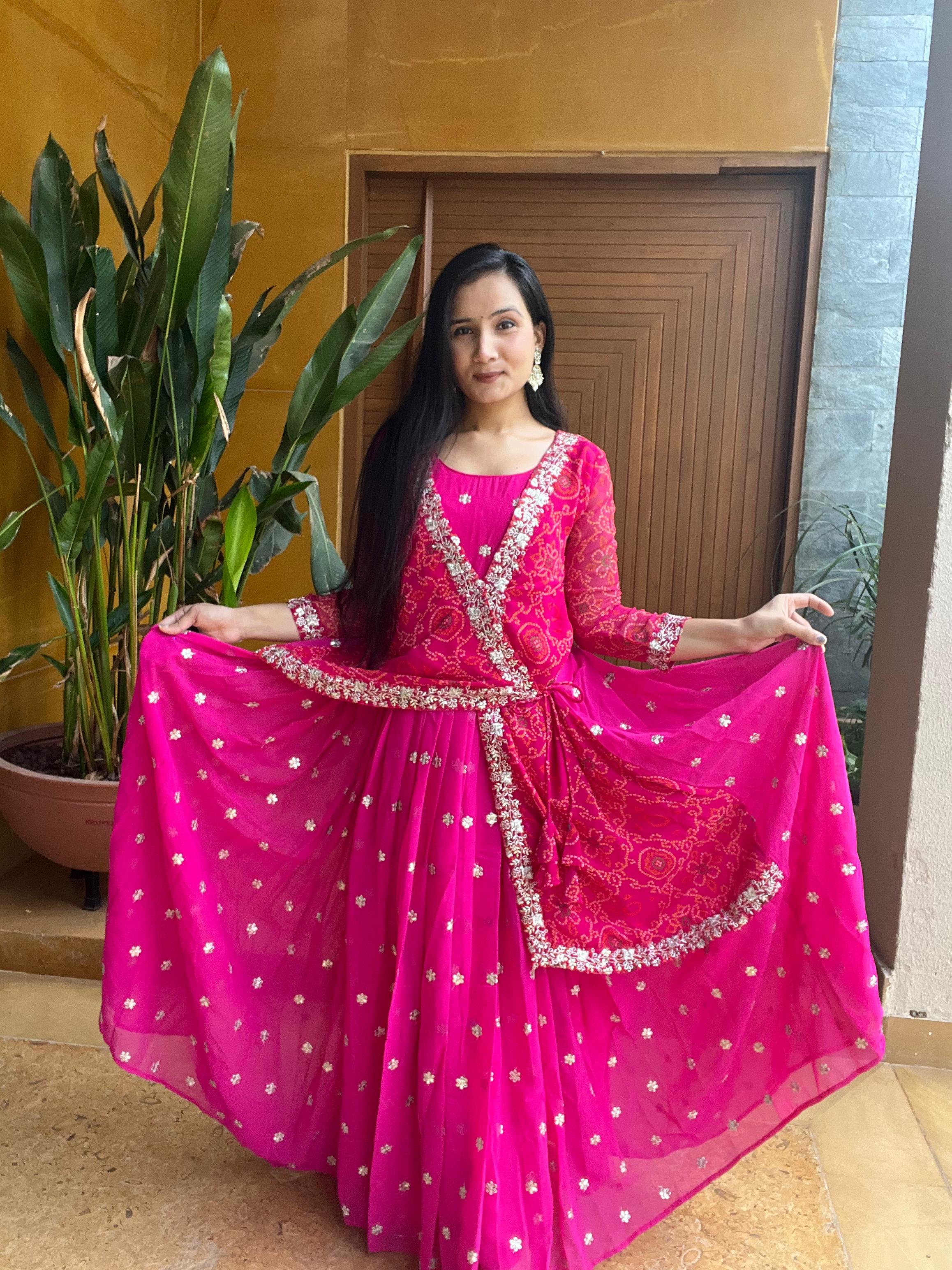 Unique Bandhani Design Koti Pattern Pink Color Gown