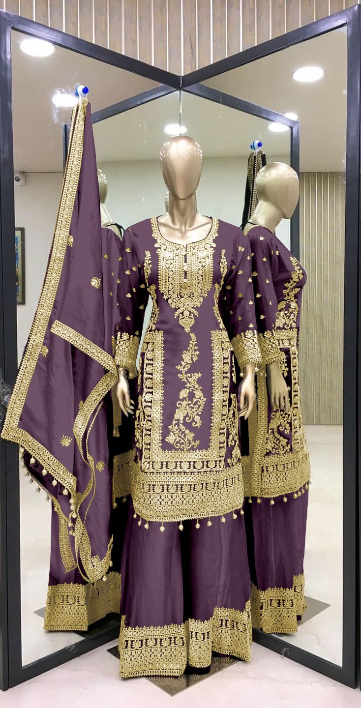 Embroidery Work Purple Color Stylish Palazzo Suit