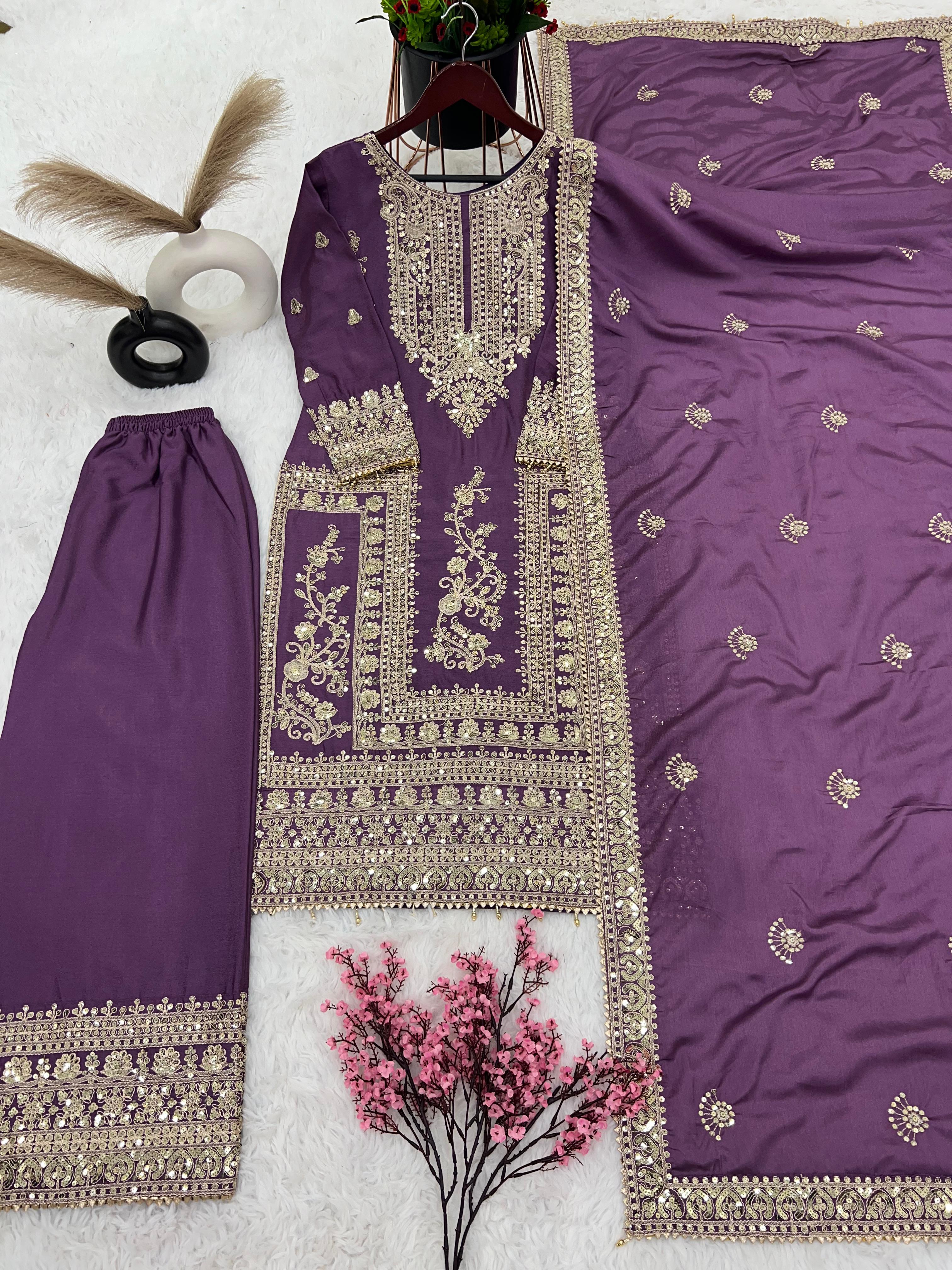 Embroidery Work Purple Color Stylish Palazzo Suit