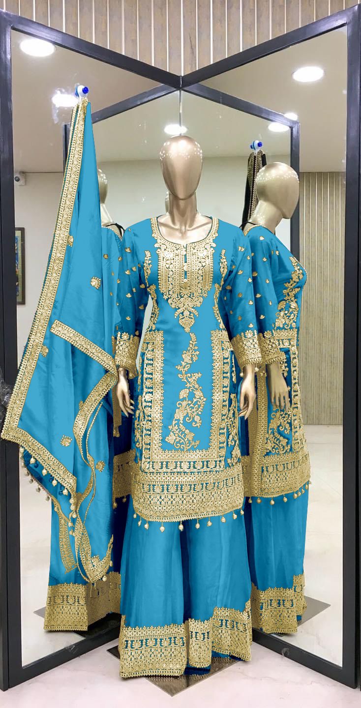 Embroidery Work Sky Blue Color Stylish Palazzo Suit