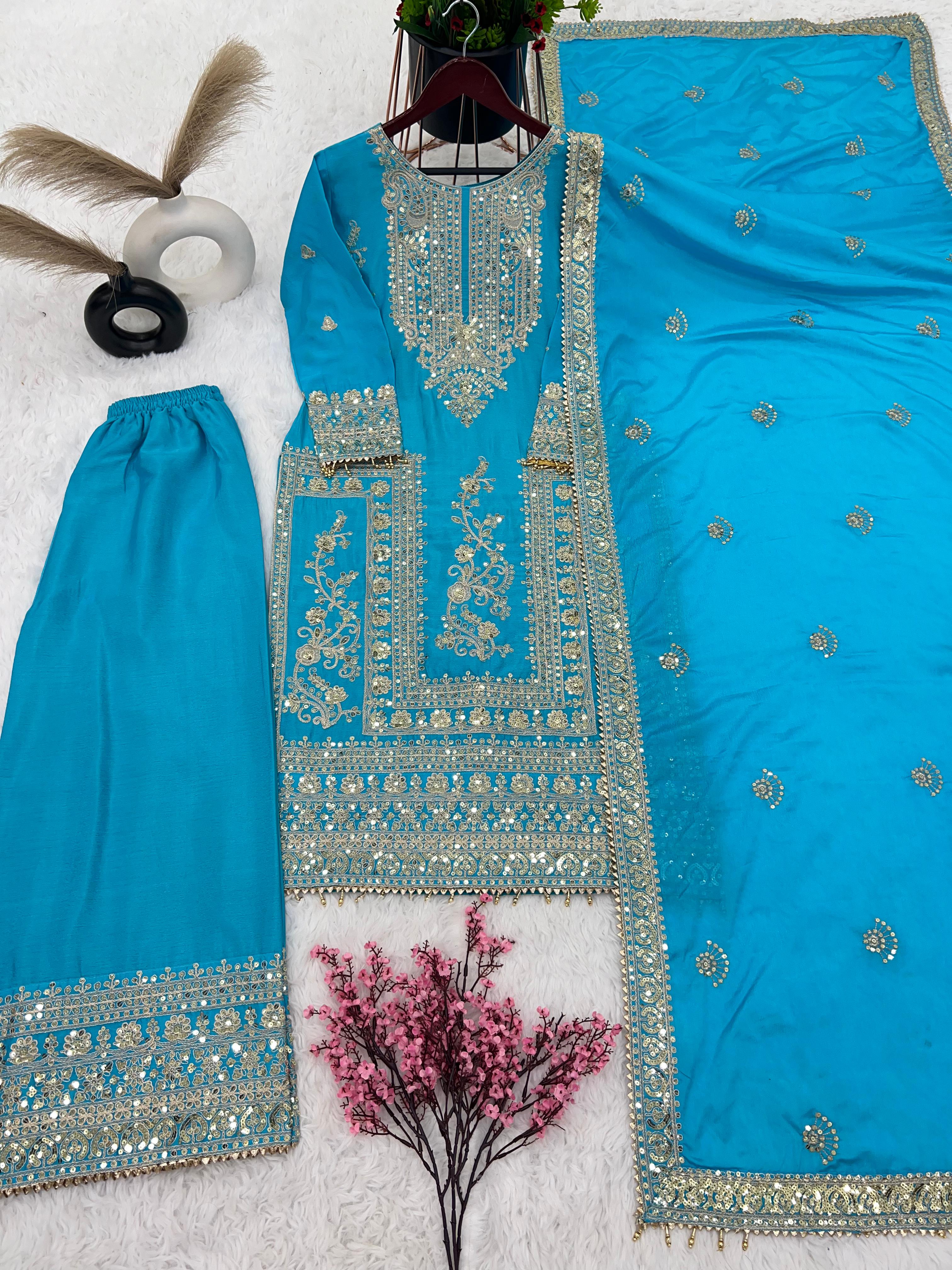 Embroidery Work Sky Blue Color Stylish Palazzo Suit