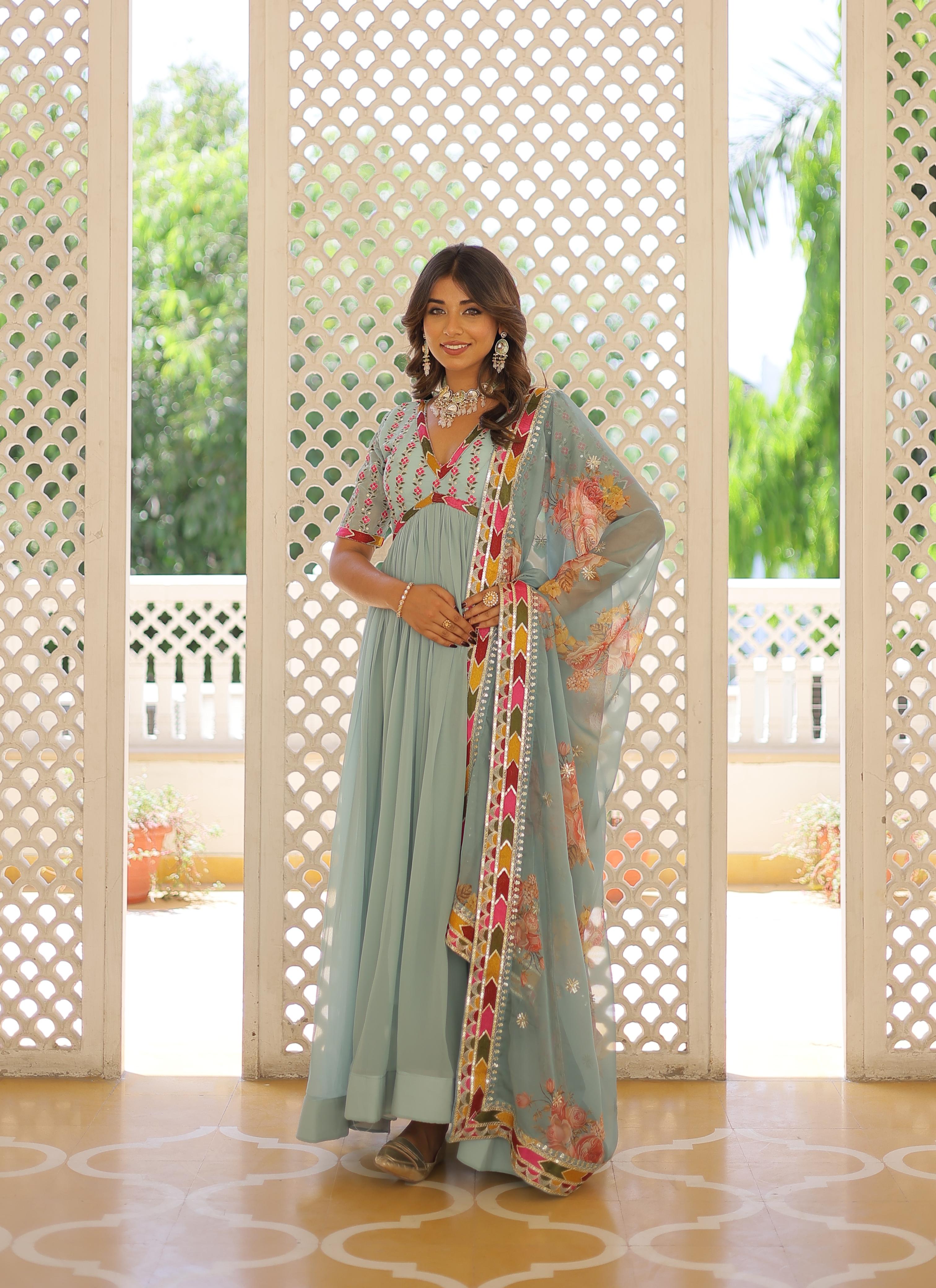 Sequence Zari Work Sky Blue Color Imposing Long Gown