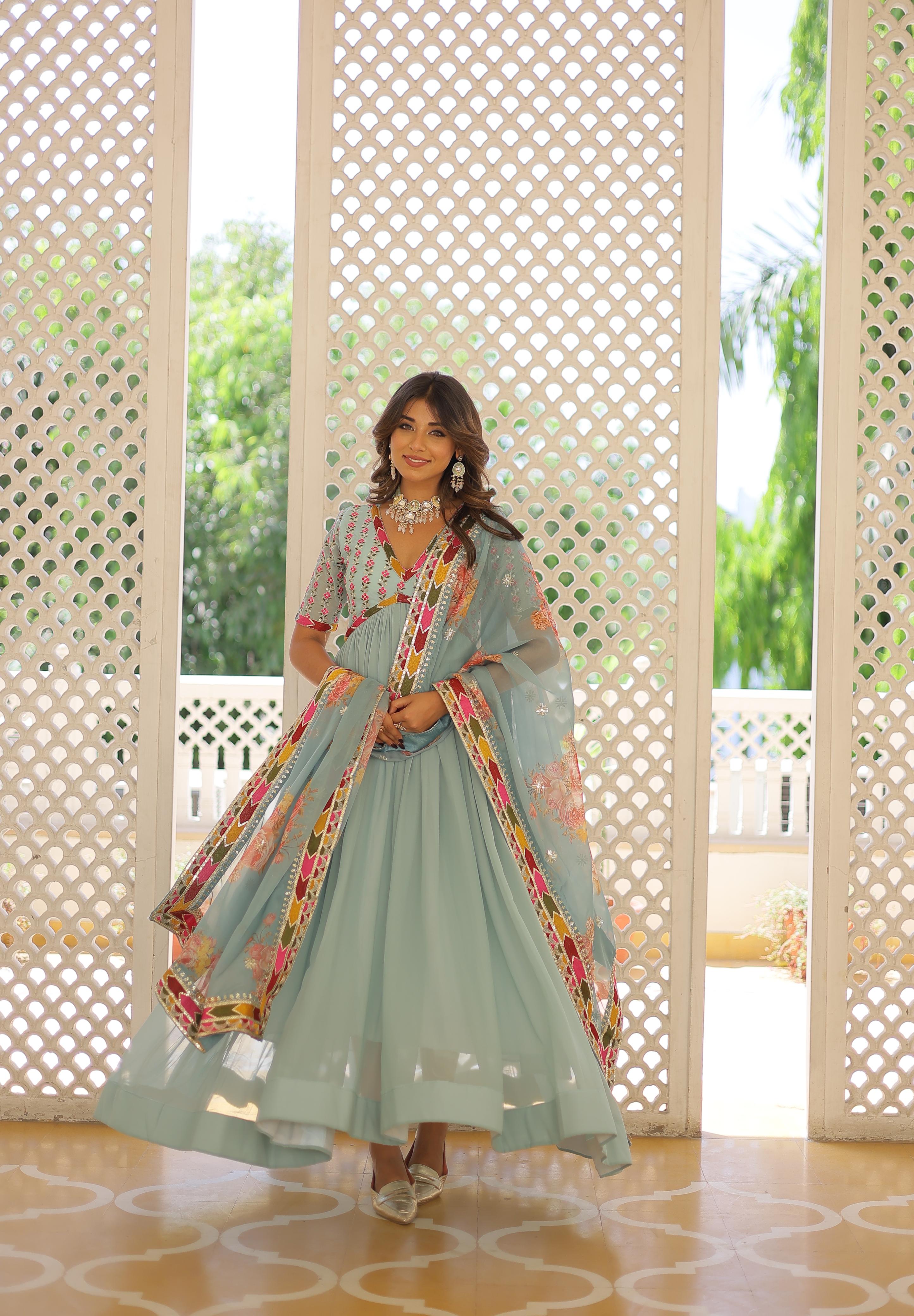 Sequence Zari Work Sky Blue Color Imposing Long Gown