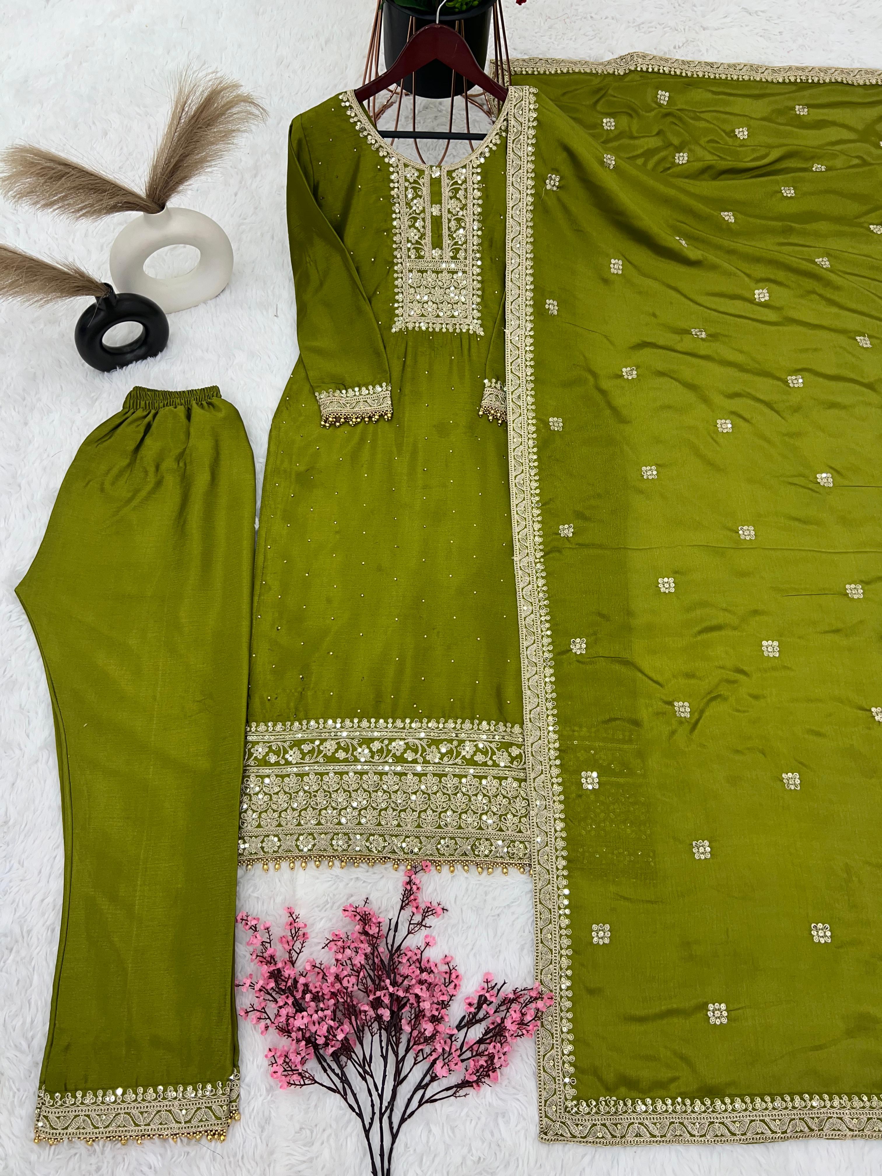 Heavy Sequence With Diamond Work Mehndi Green Plazzo Suit