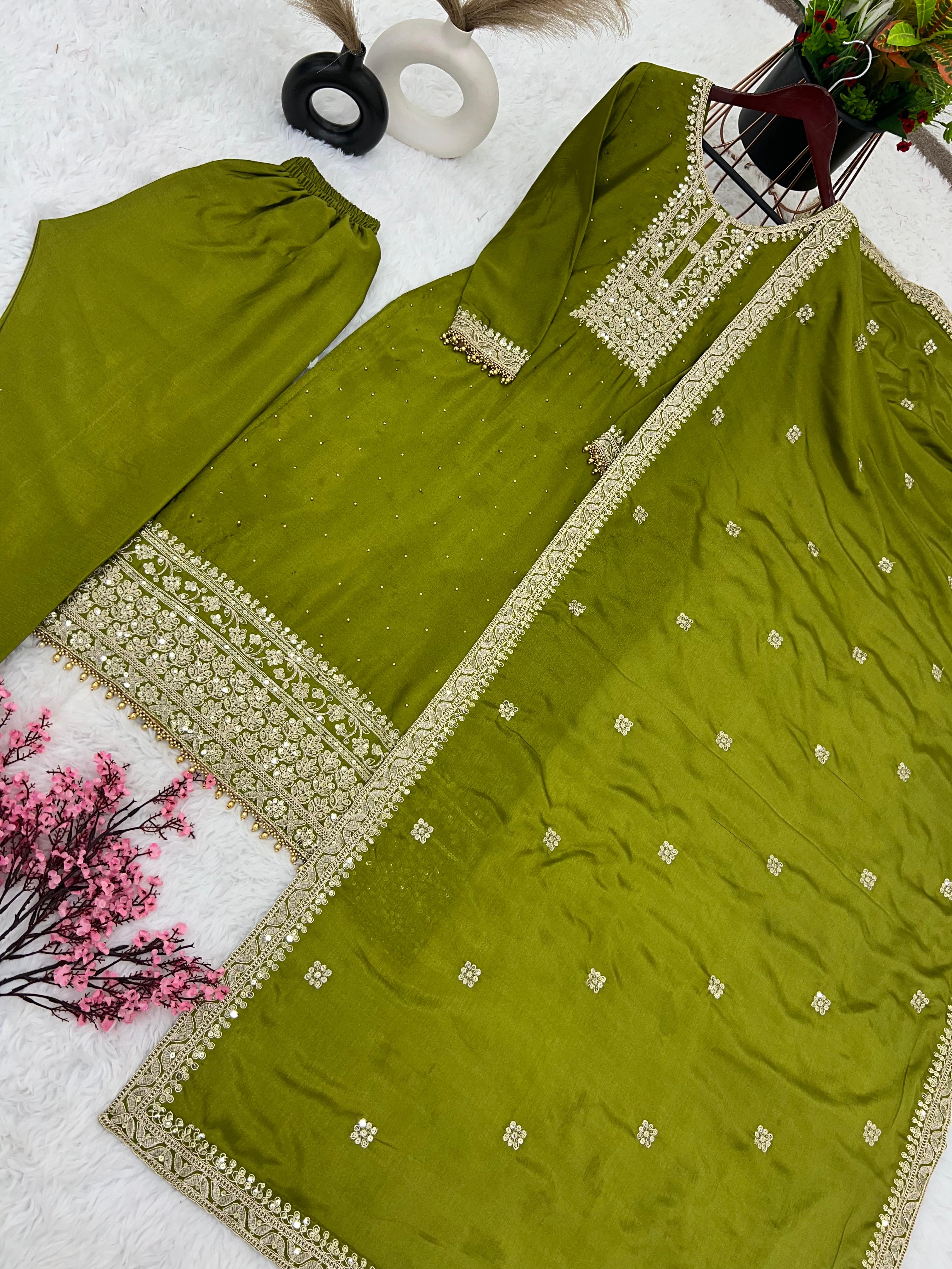 Heavy Sequence With Diamond Work Mehndi Green Plazzo Suit