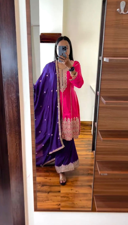 Wonderful Purple With Pink Palazzo Suit