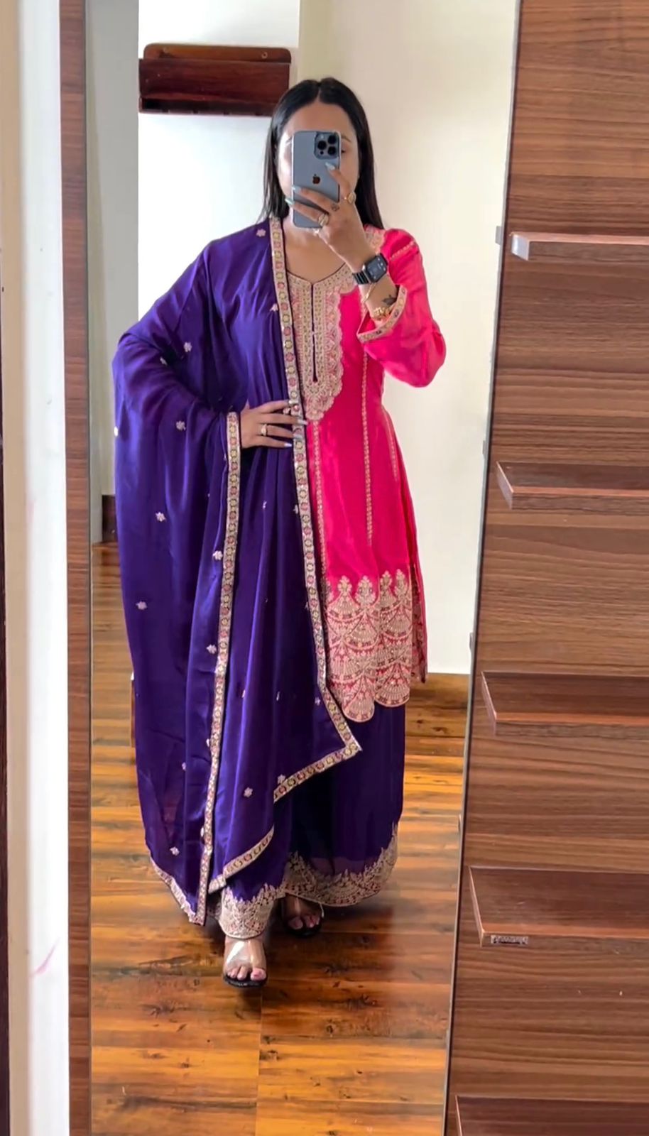 Wonderful Purple With Pink Palazzo Suit