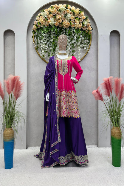 Wonderful Purple With Pink Palazzo Suit